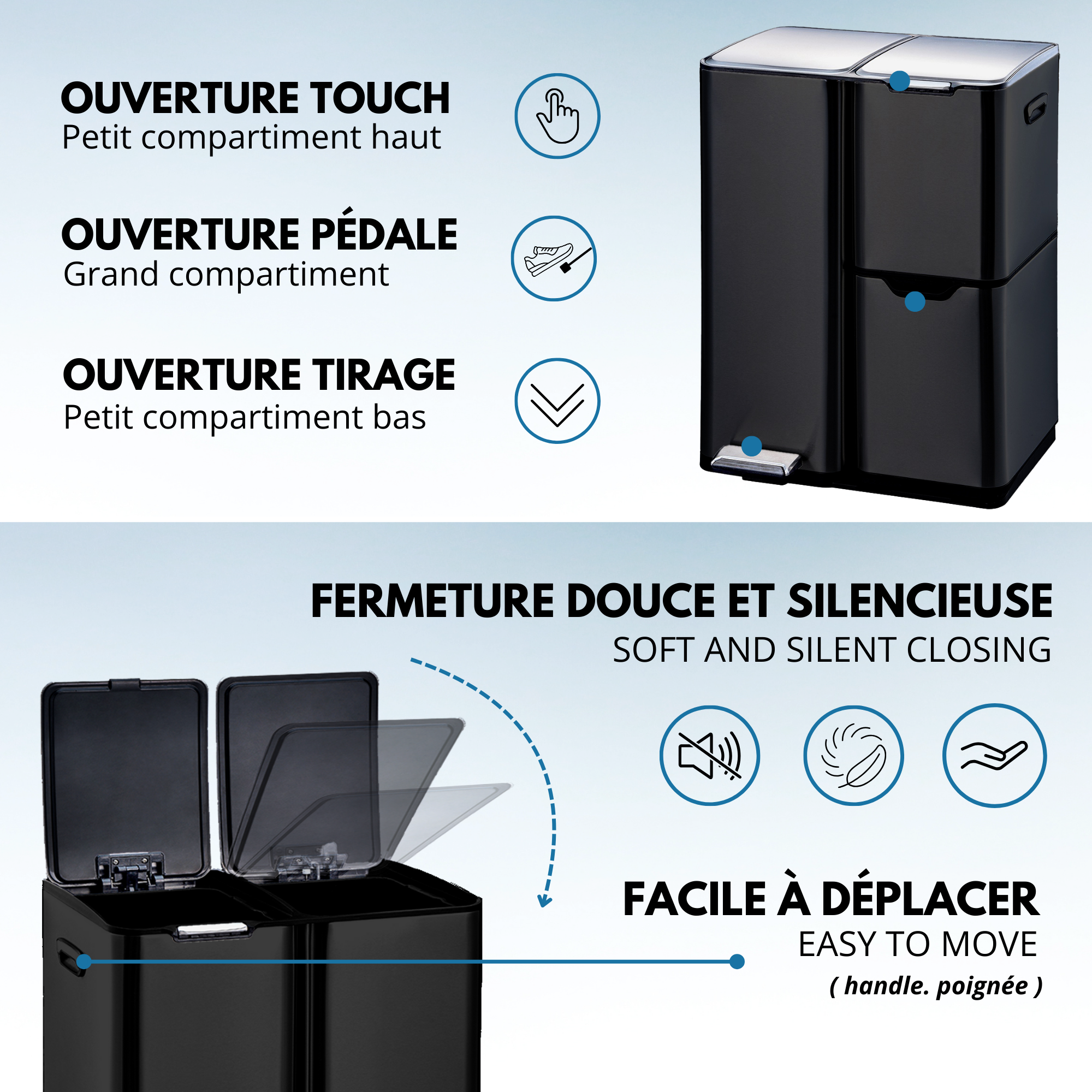 Red Deco Haja poubelle tri 60L inox noir à pédale