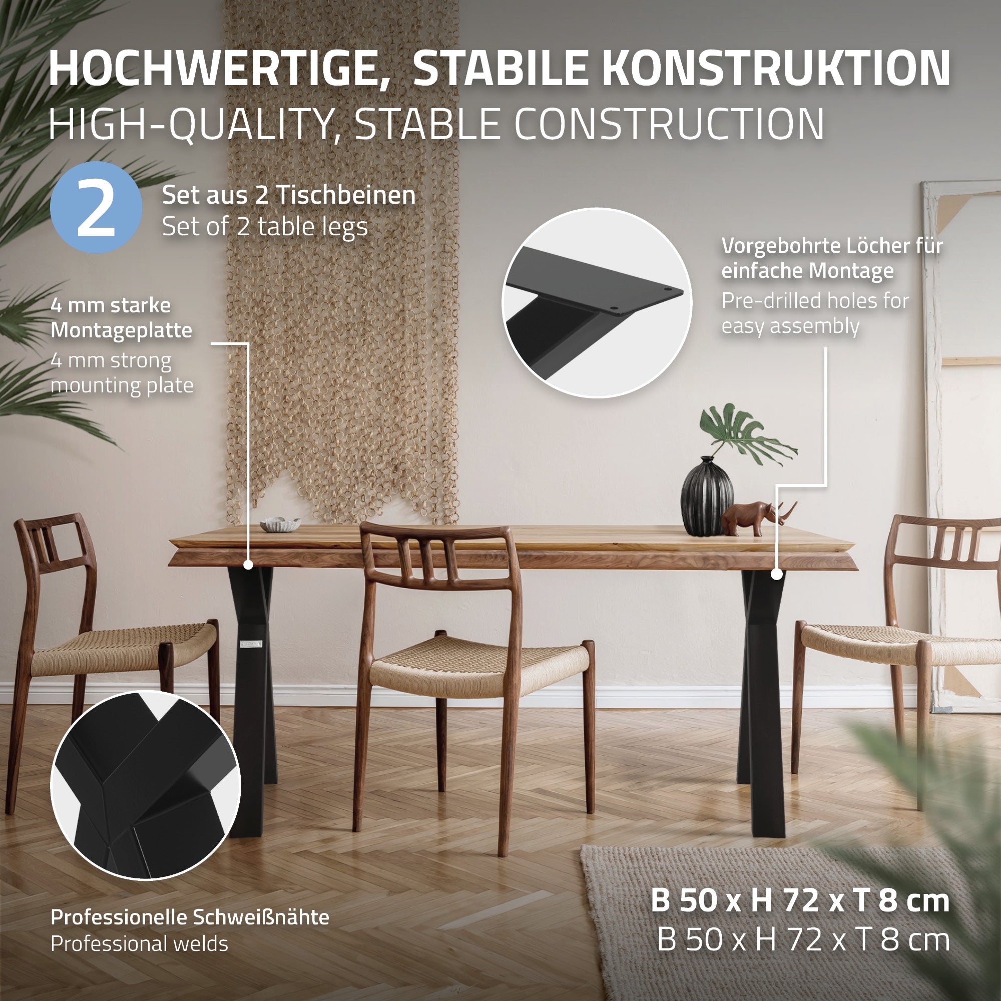 ECD Germany Möbel Pied table métal X 50x72 cm noir lot 2 acier