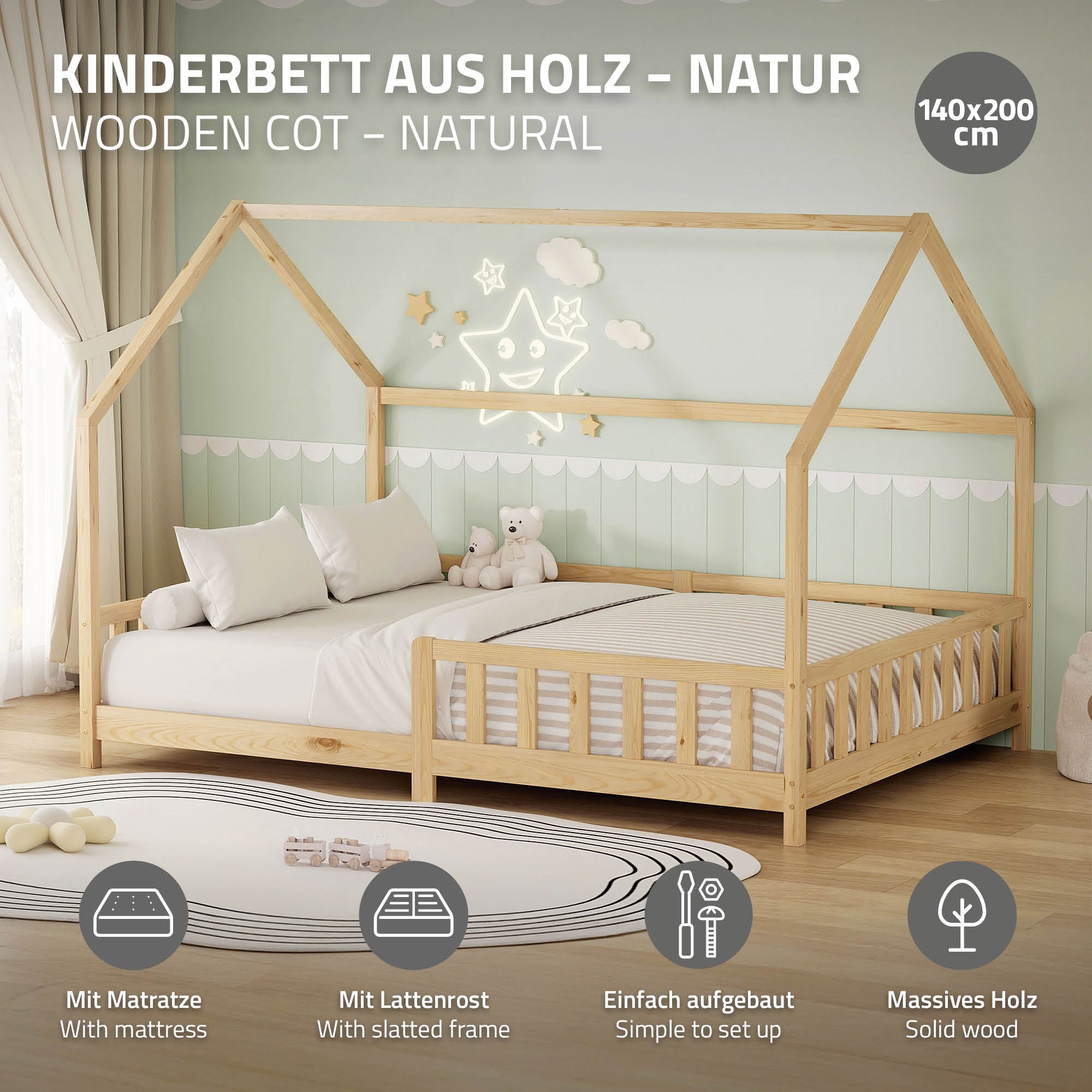 ECD Germany ML-Design lit cabane enfant 140x200 naturel + matelas