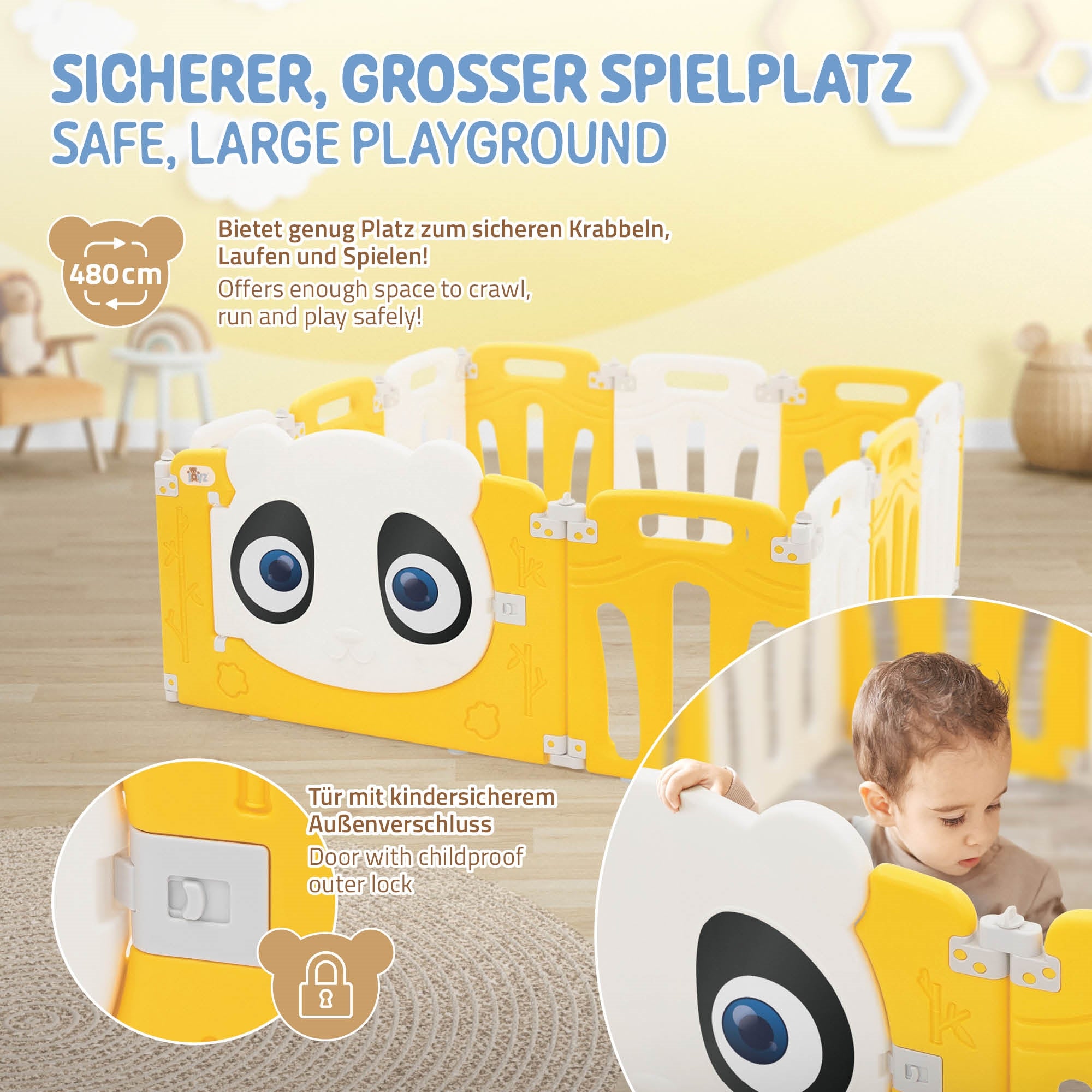 ECD Germany Joyz parc bébé pliable blanc jaune panda 120x120 cm