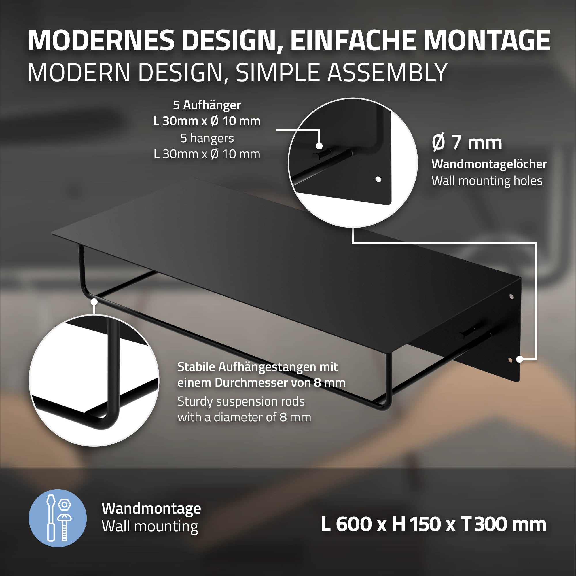 ECD Germany Möbel portemanteau mural noir métal avec étagère 60 cm