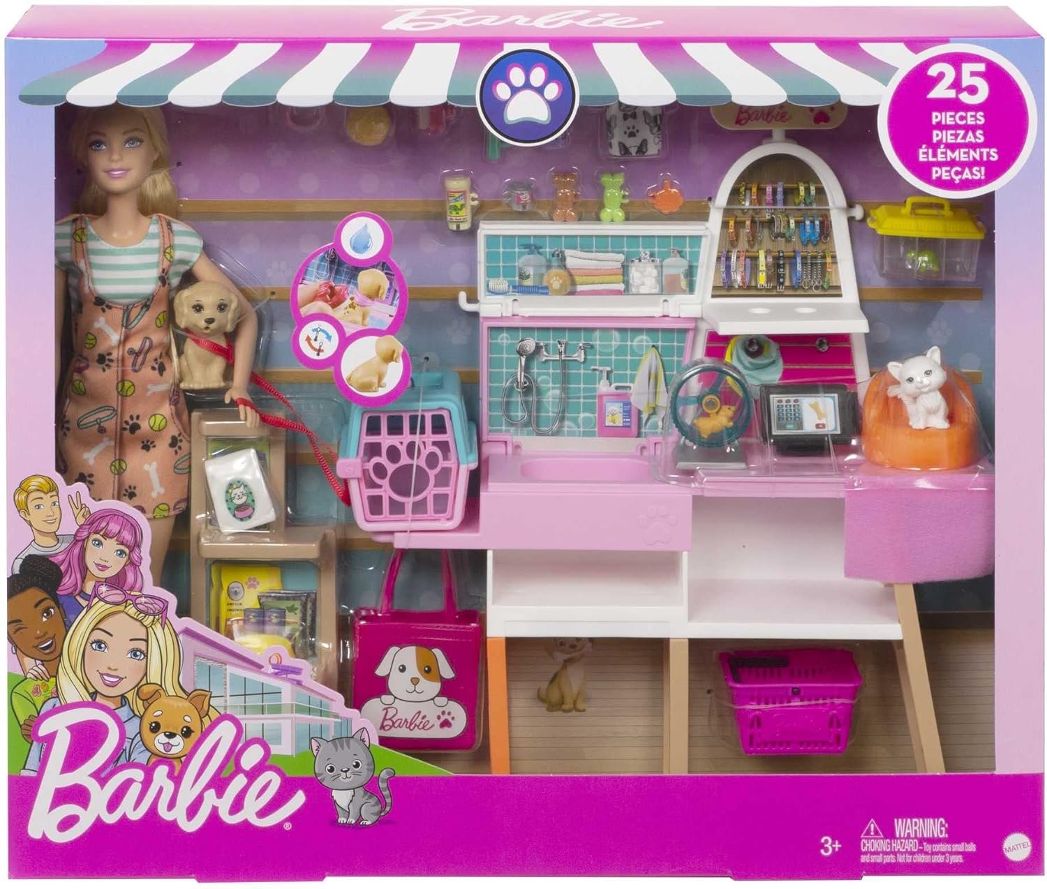 Barbie Animalerie coffret toilettage + 4 animaux jouet