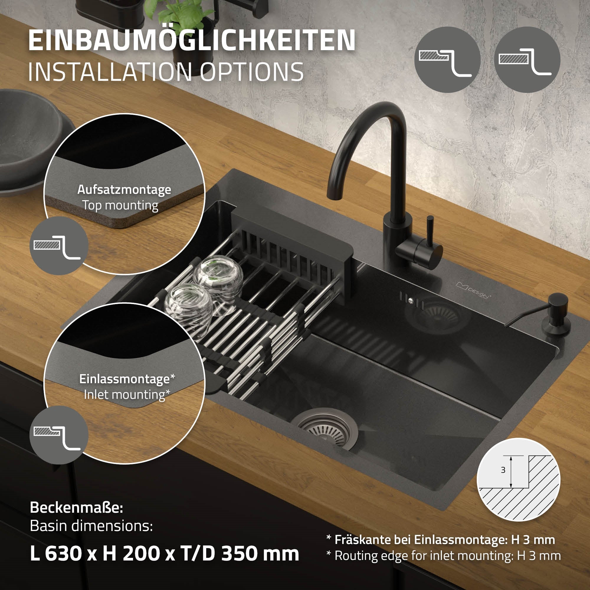 ECD Germany évier encastrable 68x45 cm anthracite inox 1 cuve
