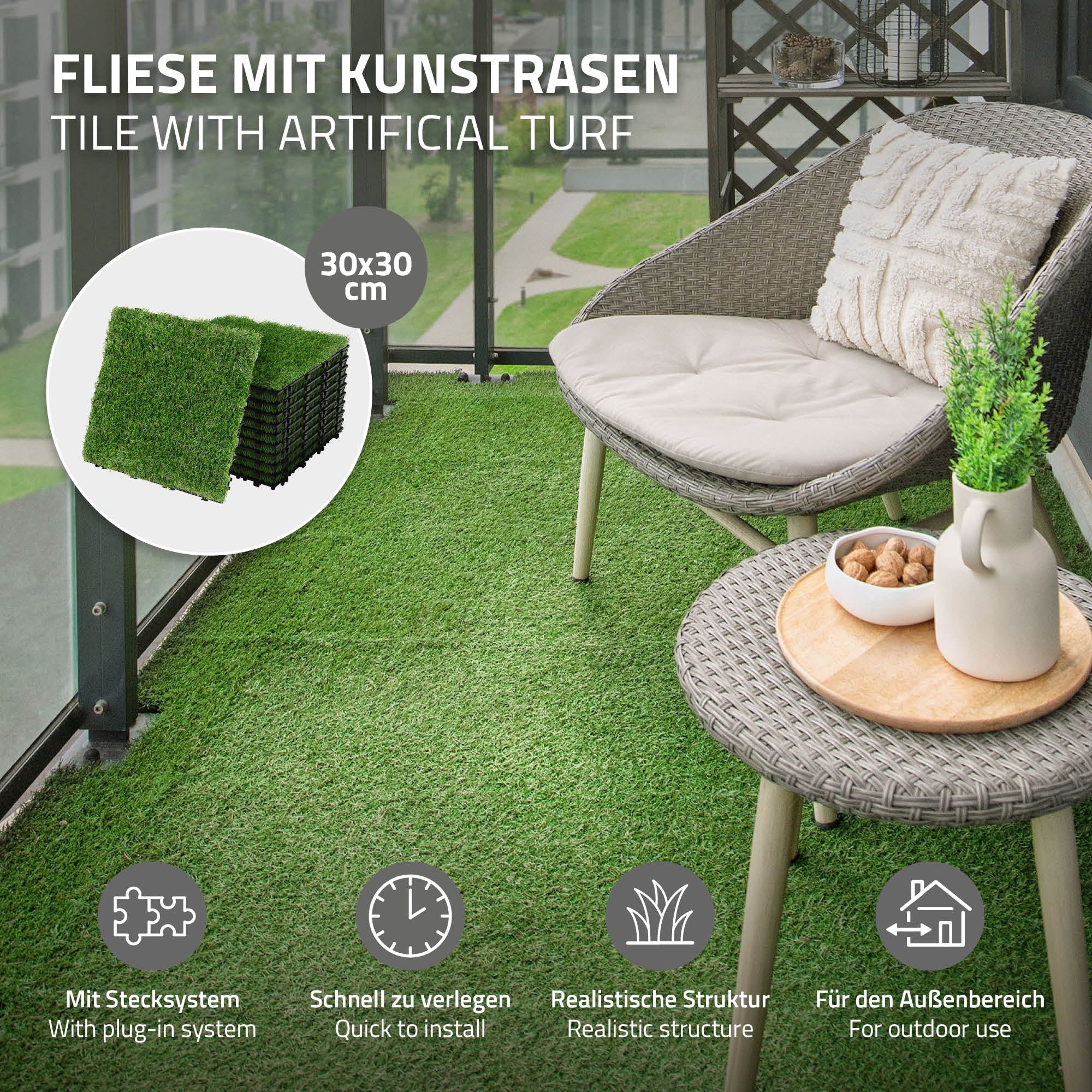 ECD Germany Garten dalles gazon artificiel 30x30 cm 1m² drainage