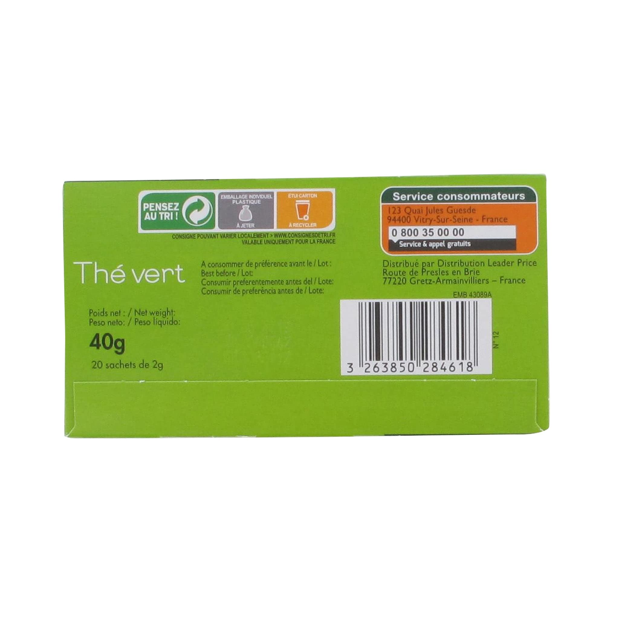 Leader Price Thé vert Bio lot 10x40g