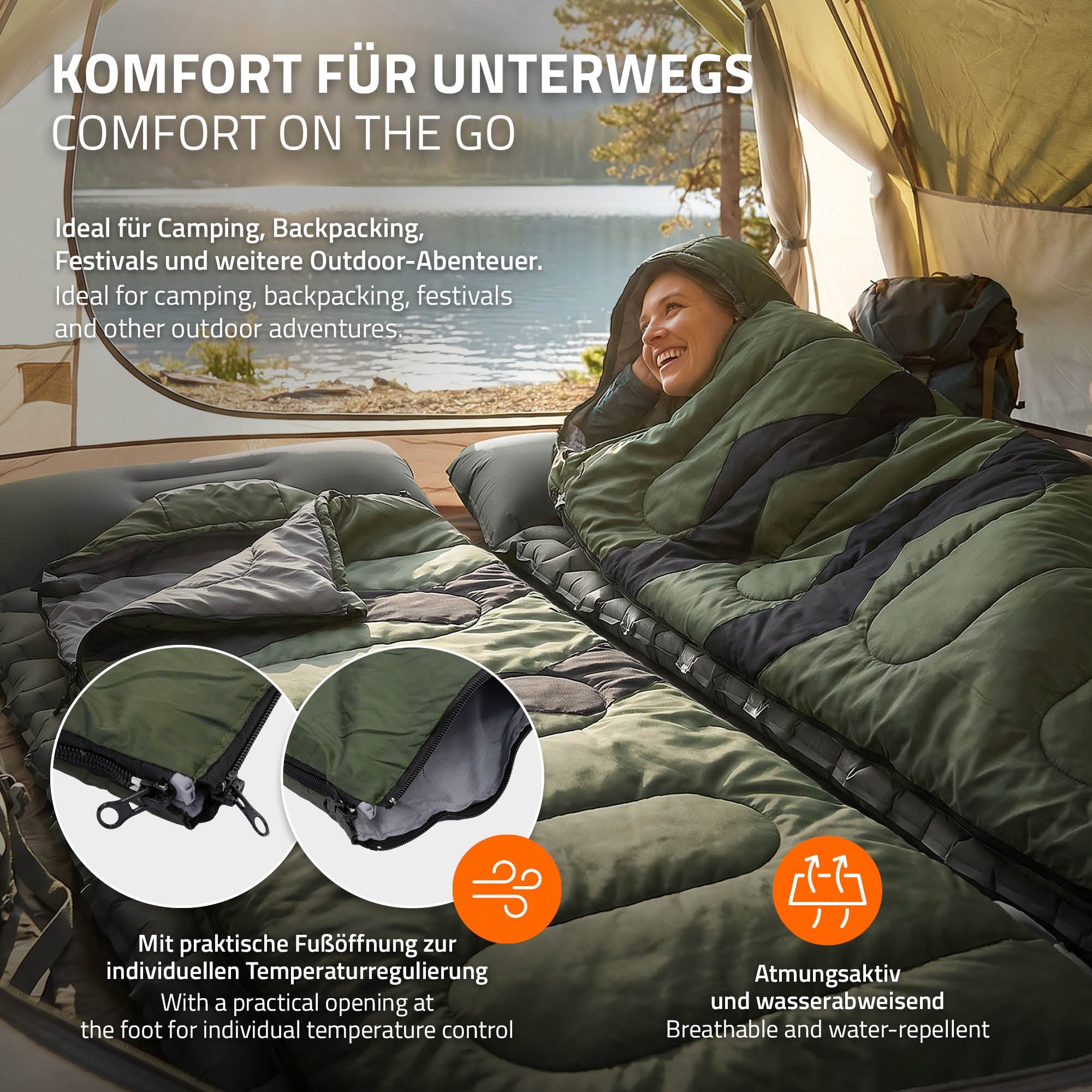 ECD Germany 210 cm sac de couchage kaki 3 saisons déperlant