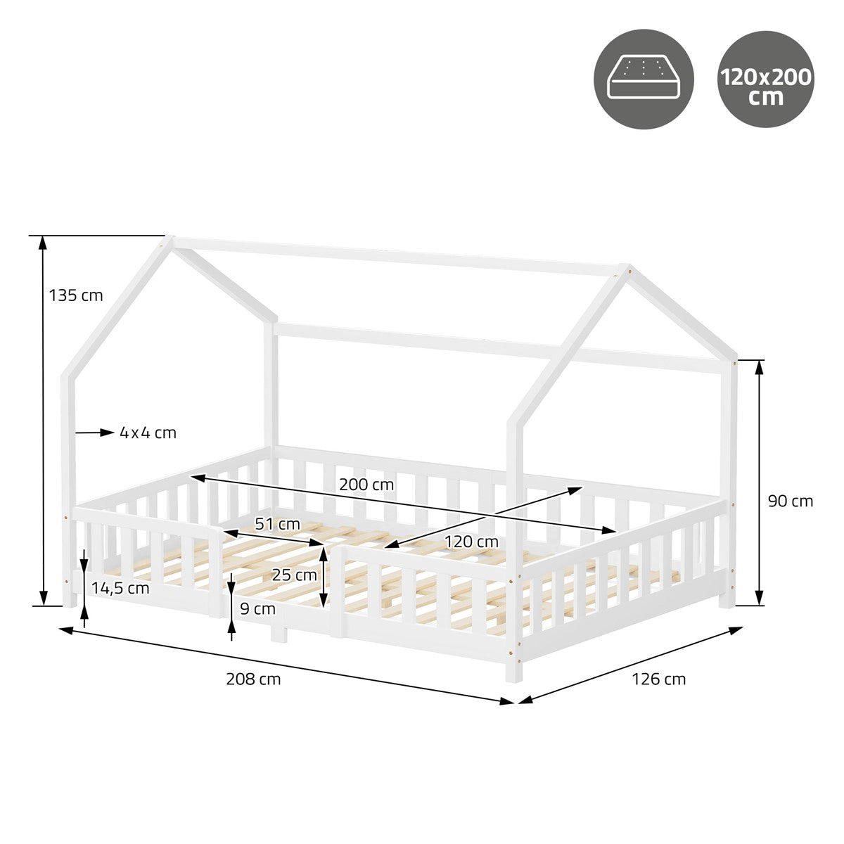 ECD Germany Kinder lit cabane 120x200 cm pin blanc barrière