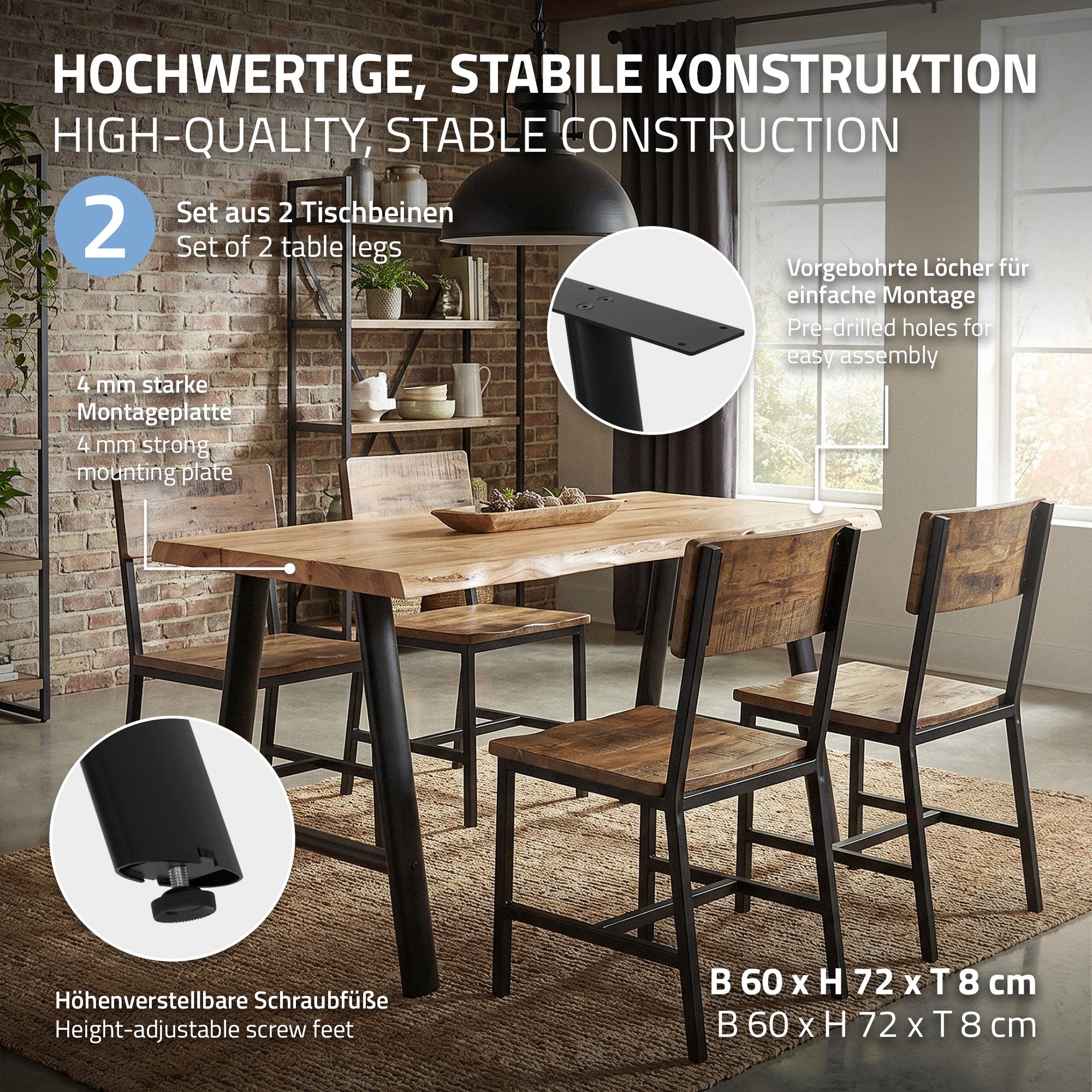 ECD Germany ML-Design pieds de table A 60x72 noir lot 2 acier