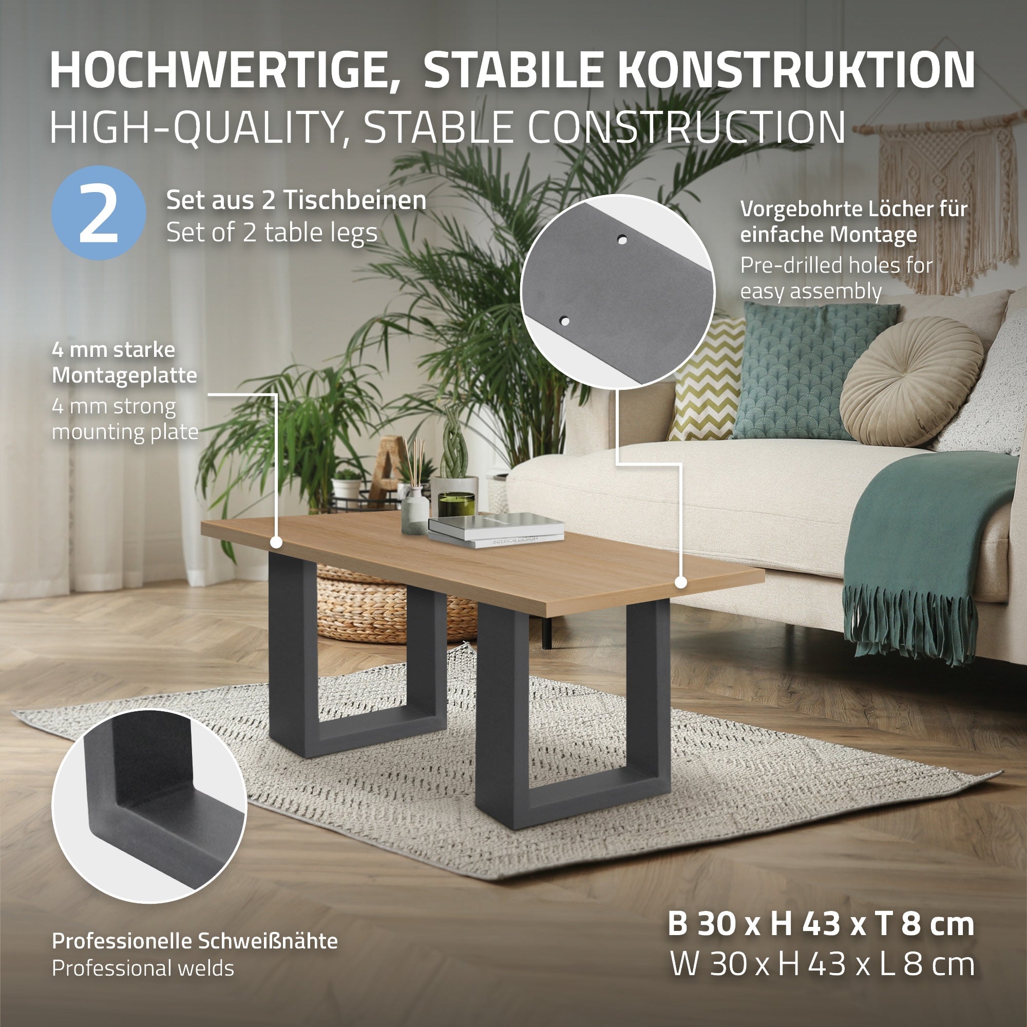 ECD Germany Garten pied de table acier anthracite 30x43 cm lot 2