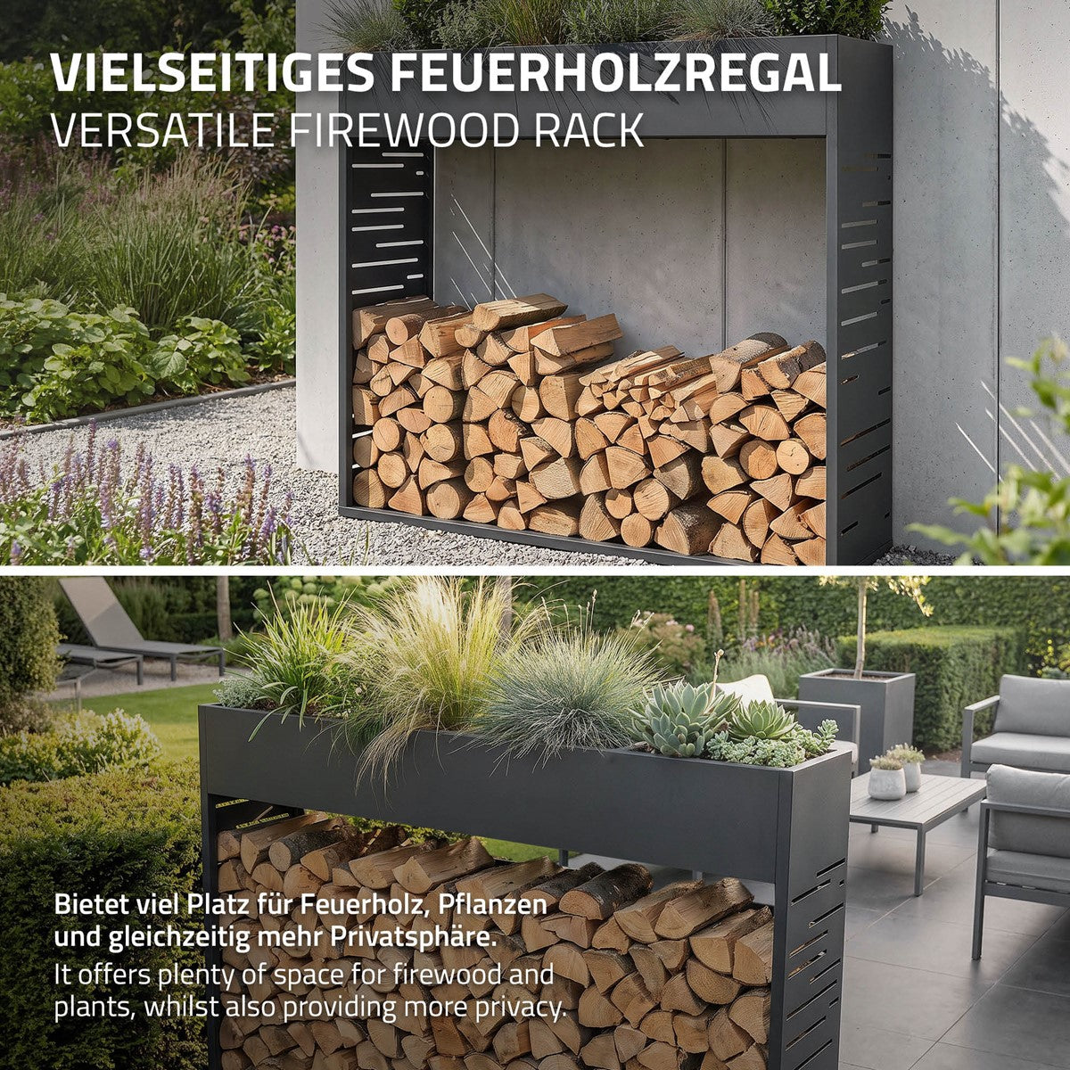 ECD Germany Garten porte-bûches 112x111 cm anthracite avec jardinière
