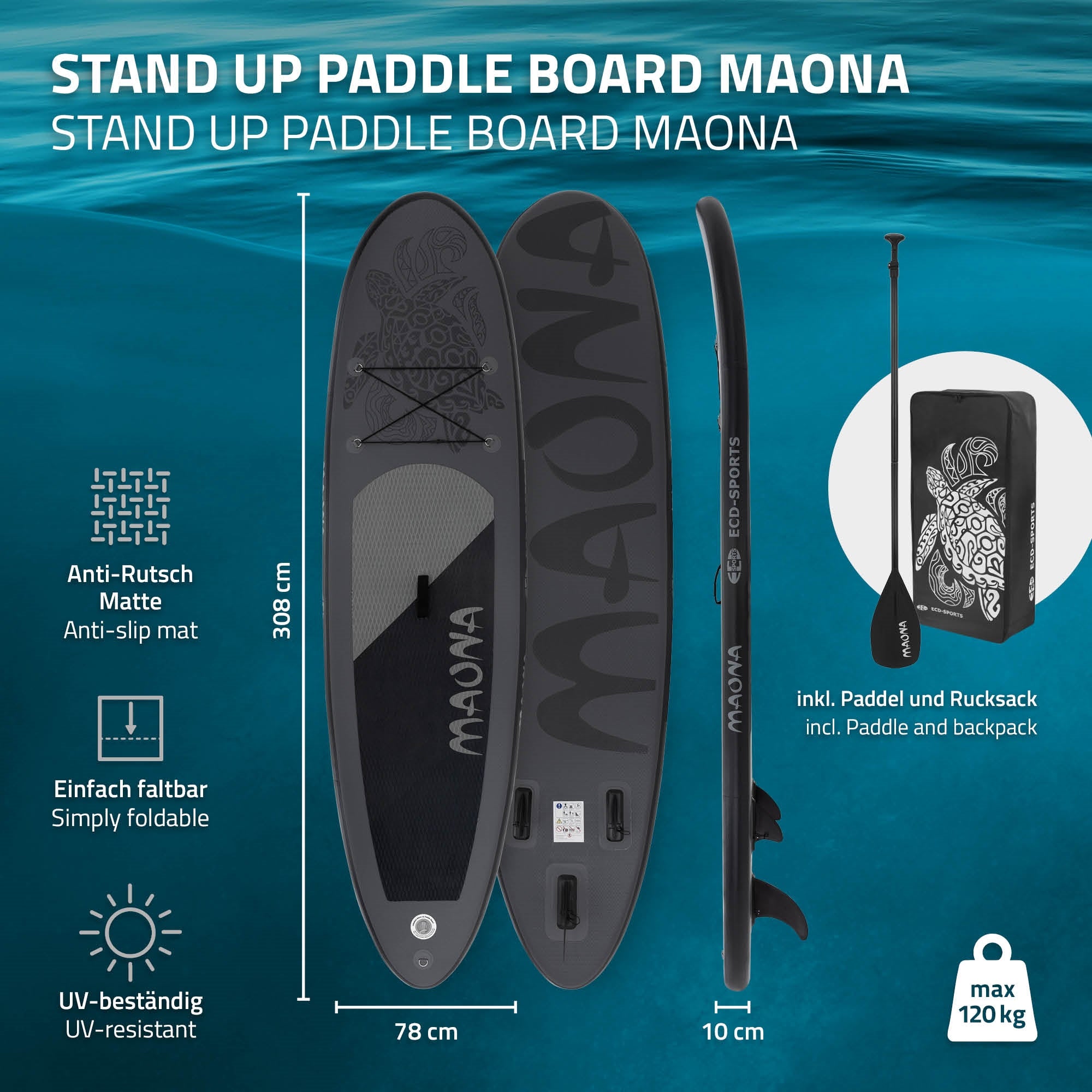 ECD Germany Maona paddle gonflable noir 308 cm + pompe