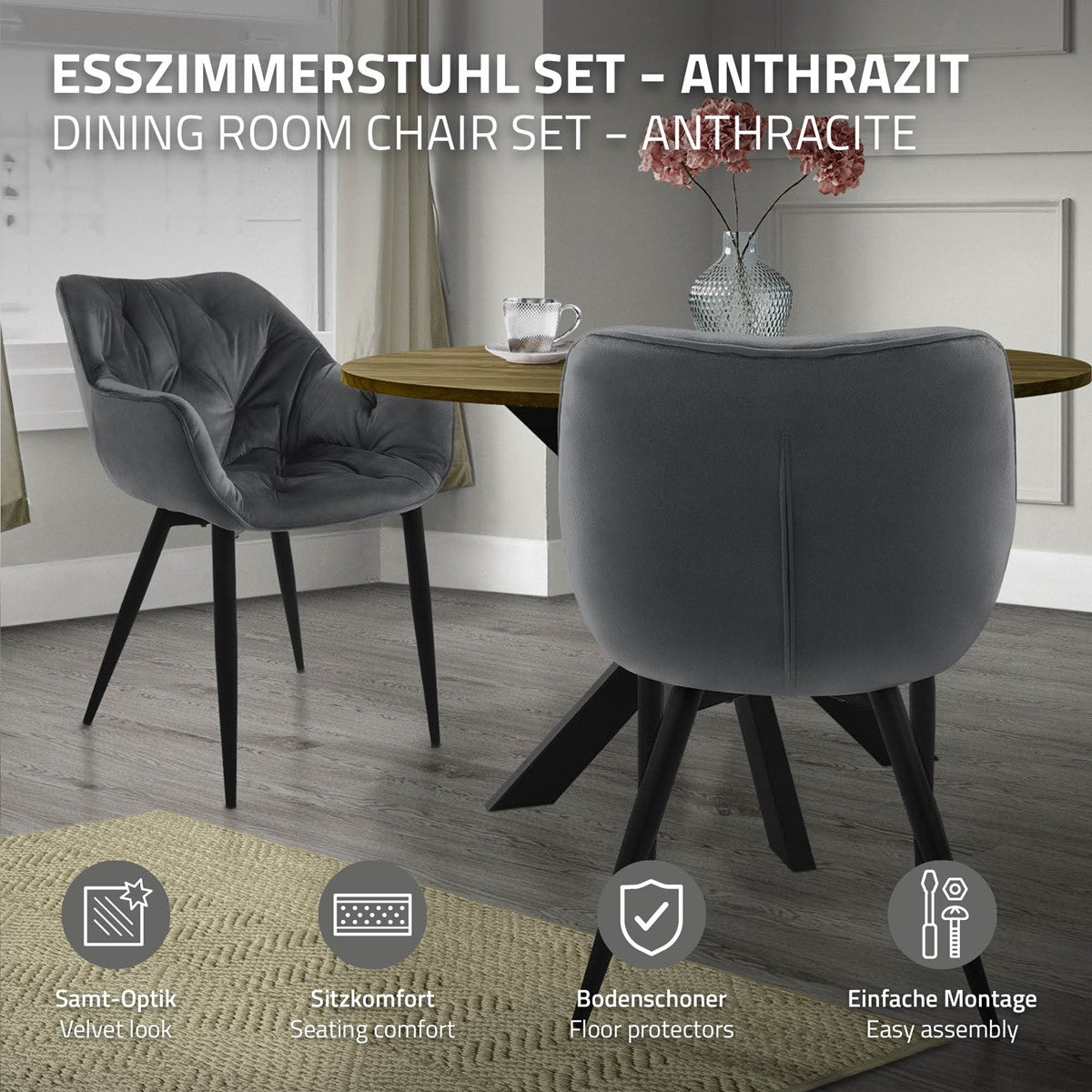 ECD Germany Möbel Chaise anthracite velours lot de 2 accoudoirs