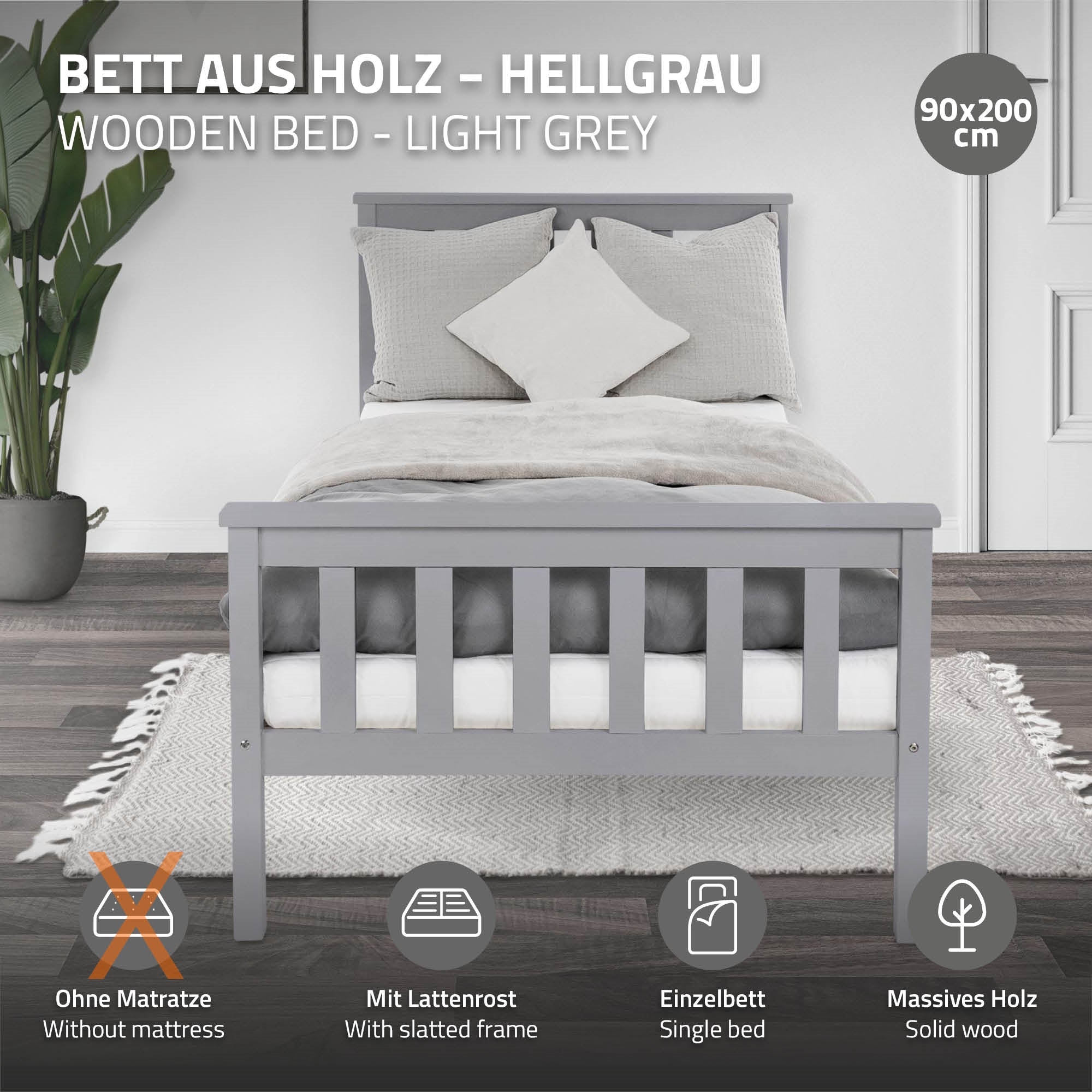 ML-Design Lit Simple 90x200 Pin Gris Clair + Sommier