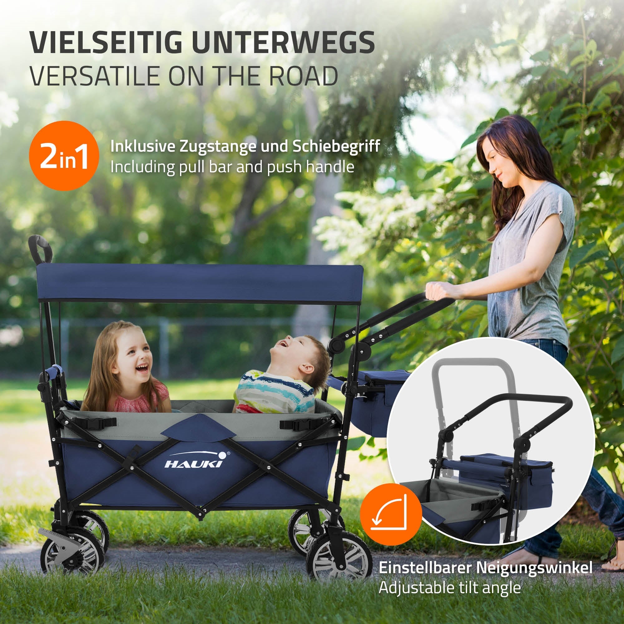 Hauki chariot pliable avec toit bleu/gris 120 kg + sac