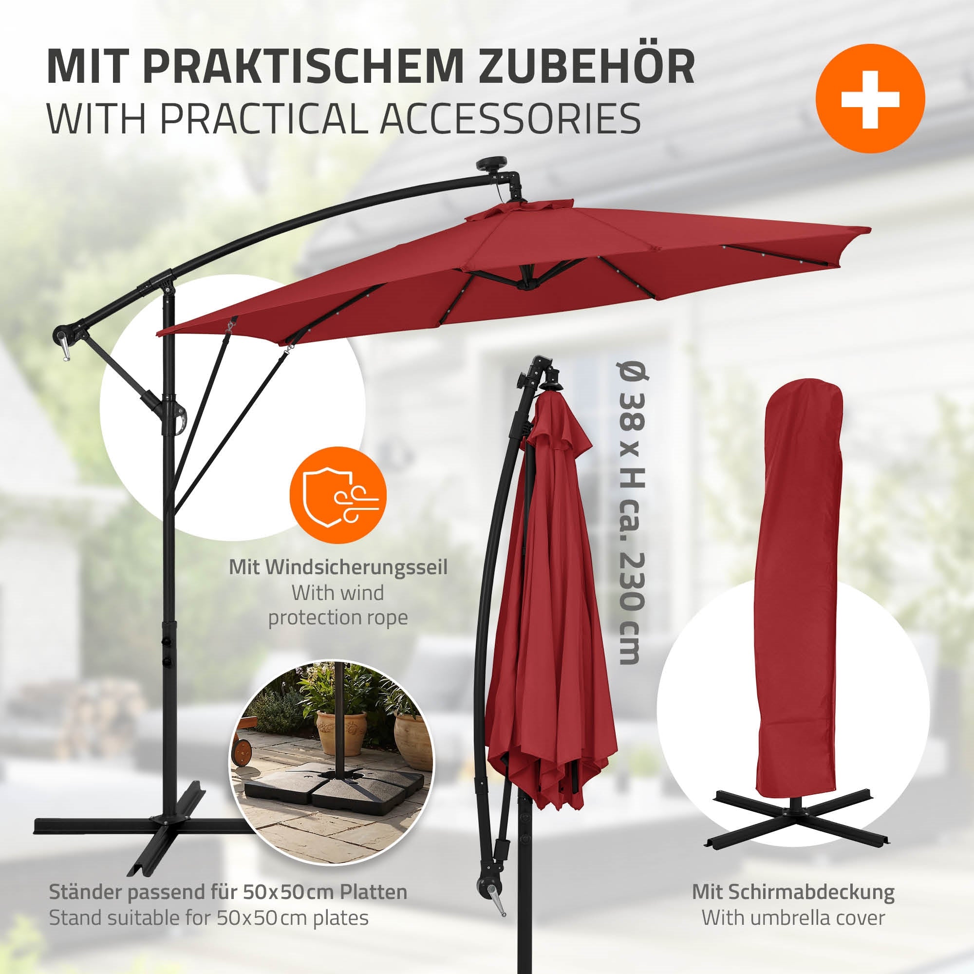 ECD Germany Garten parasol déporté Ø 300 cm rouge LED solaire