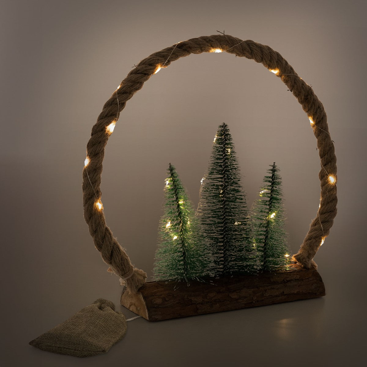 ECD Germany Haus Déco Noël Cercle Jute LED Blanc Chaud 30 cm