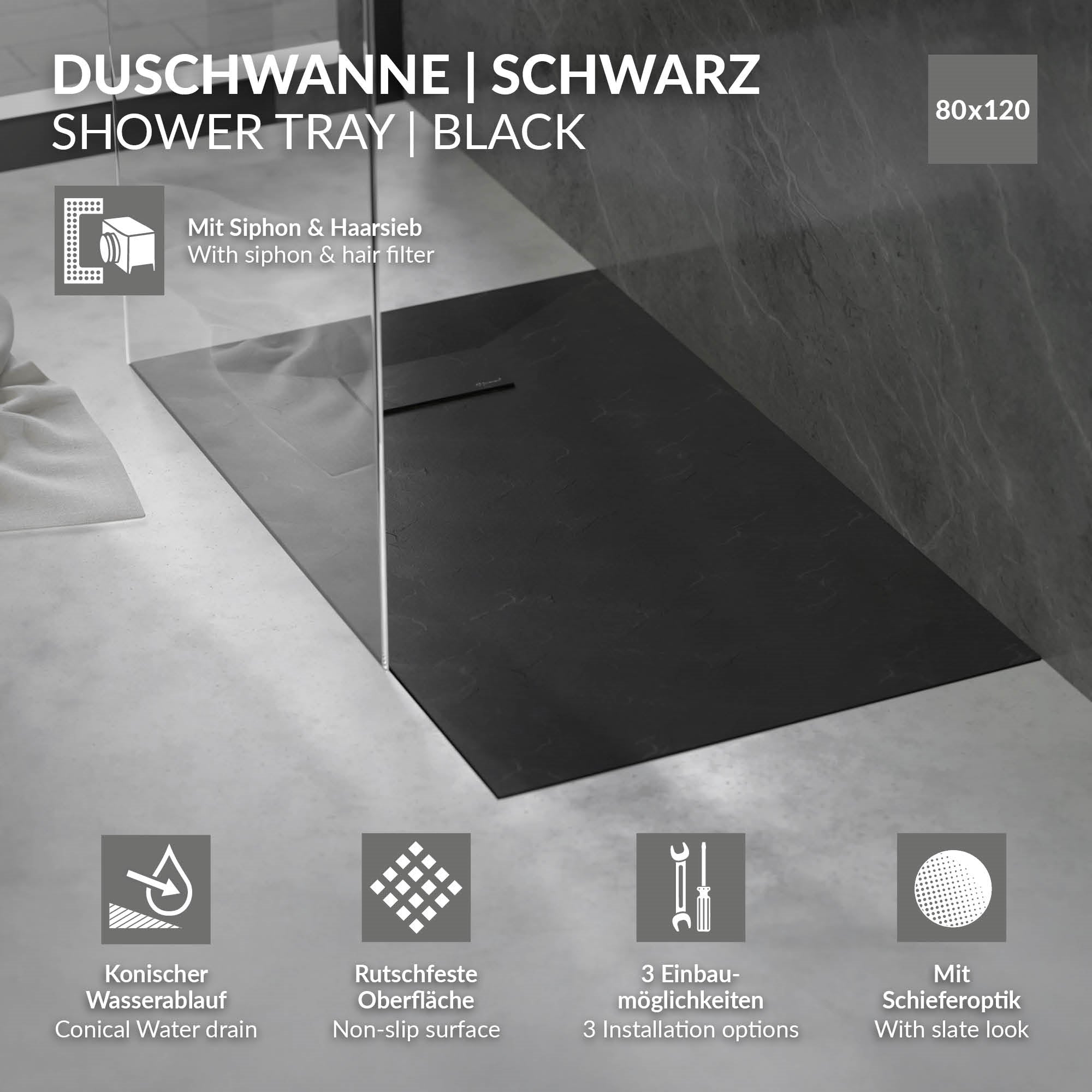 LuxeBath receveur de douche noir 120x80 cm extra-plat antidlisse