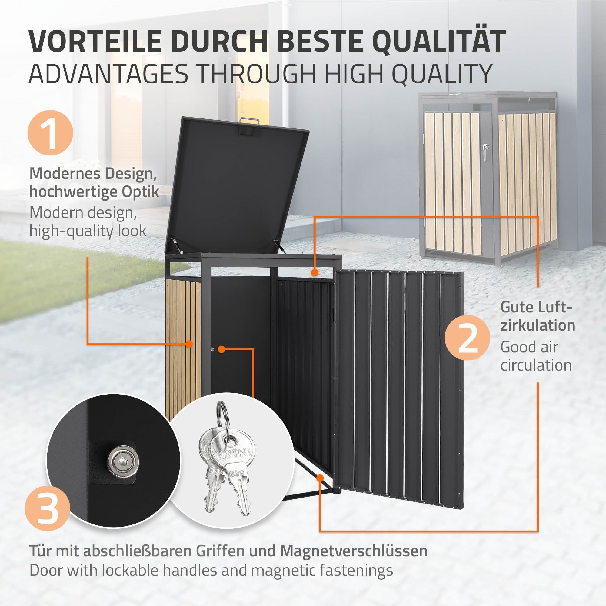 ECD Germany Garten Cache-poubelle 240L Mélèze Acier 1er