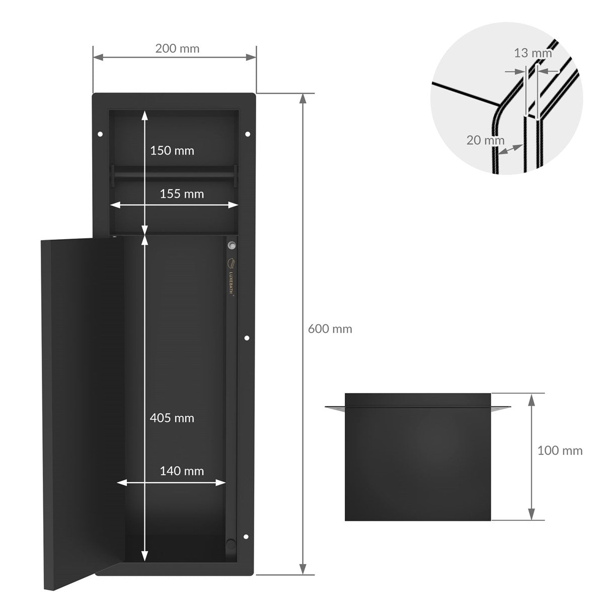 ECD Germany niche murale WC encastrée 60x20 cm noir mat