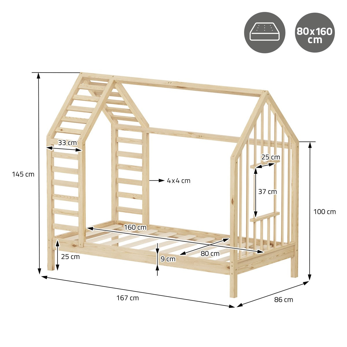 ECD Germany Kinder lit cabane nature 80x160 cm pin