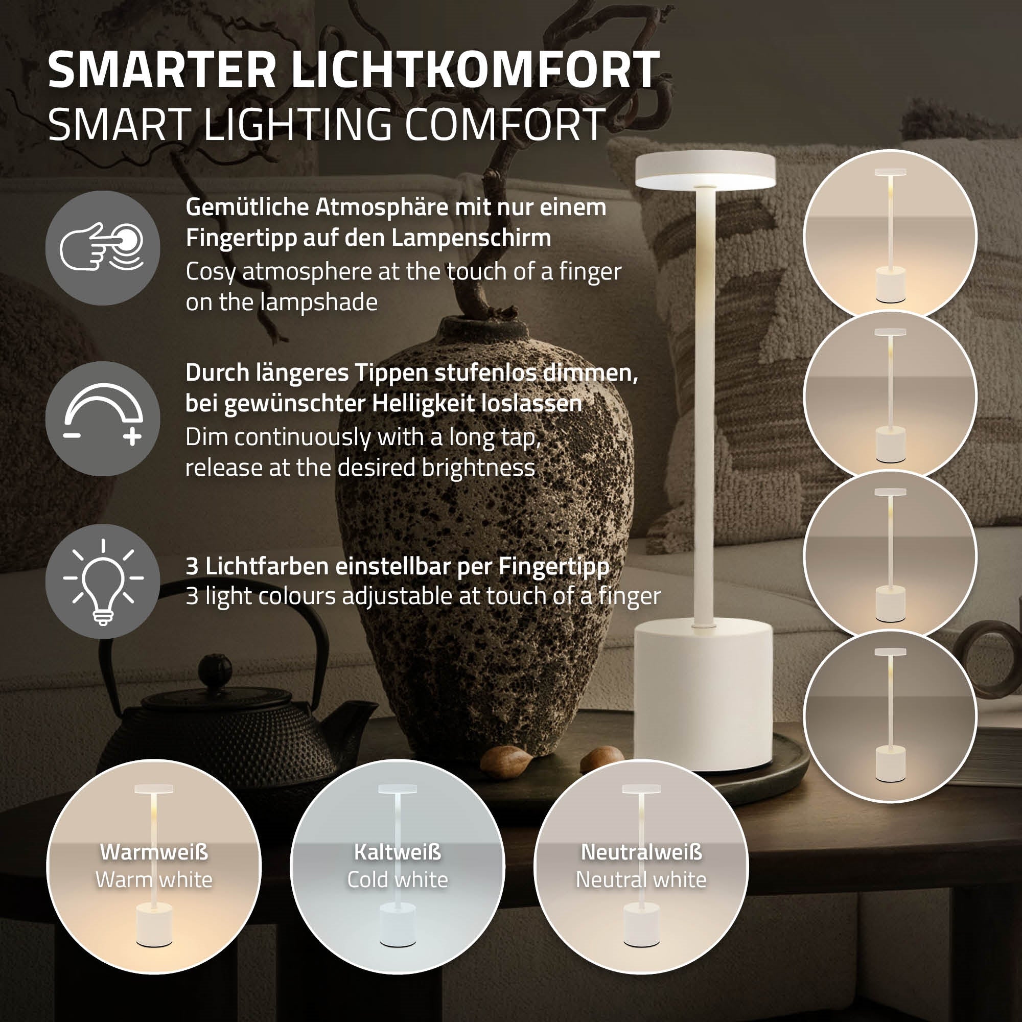 ECD Germany Haus & Wohnen Lampe LED blanche tactile USB-C