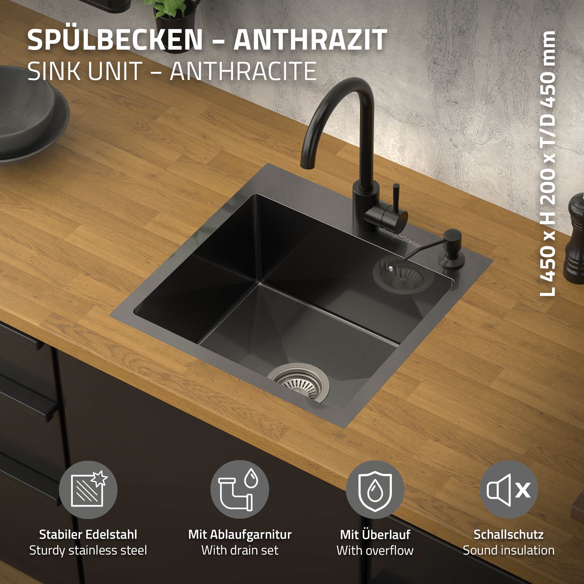 ECD Germany Sanitär Évier inox 45x45 cm anthracite à encastrer