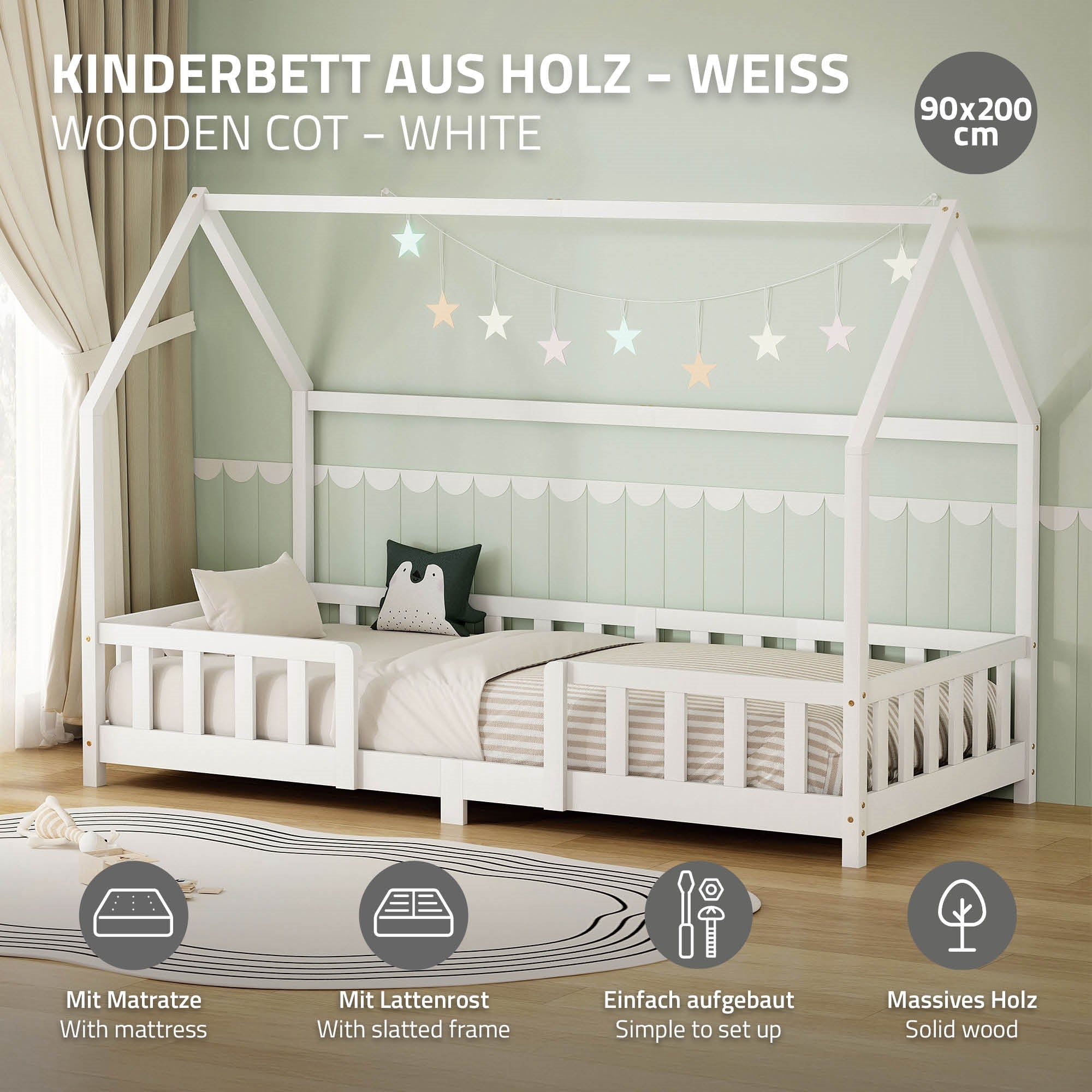 ECD Germany lit cabane enfant blanc 90x200 cm avec matelas