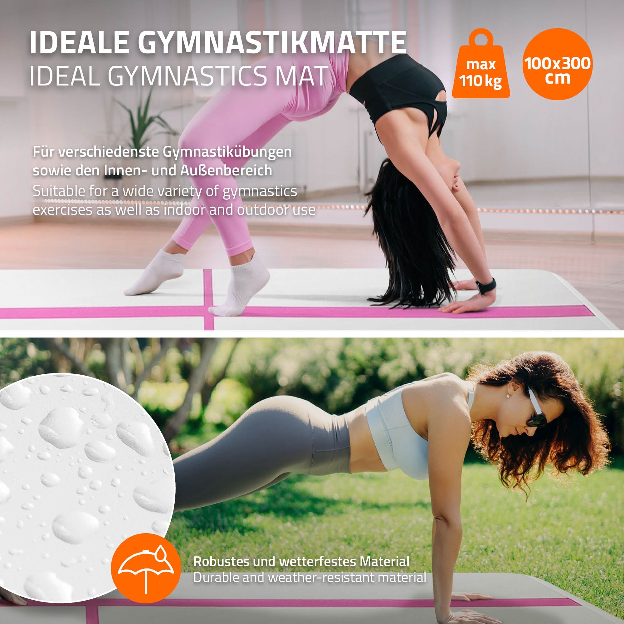 Airtrack Tapis gym gonflable 3m rose 10cm + pompe