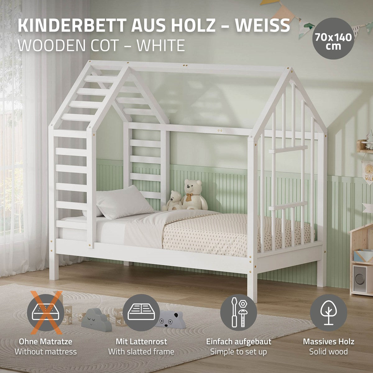 ECD Germany Kinder lit cabane 70x140 blanc pin sommier