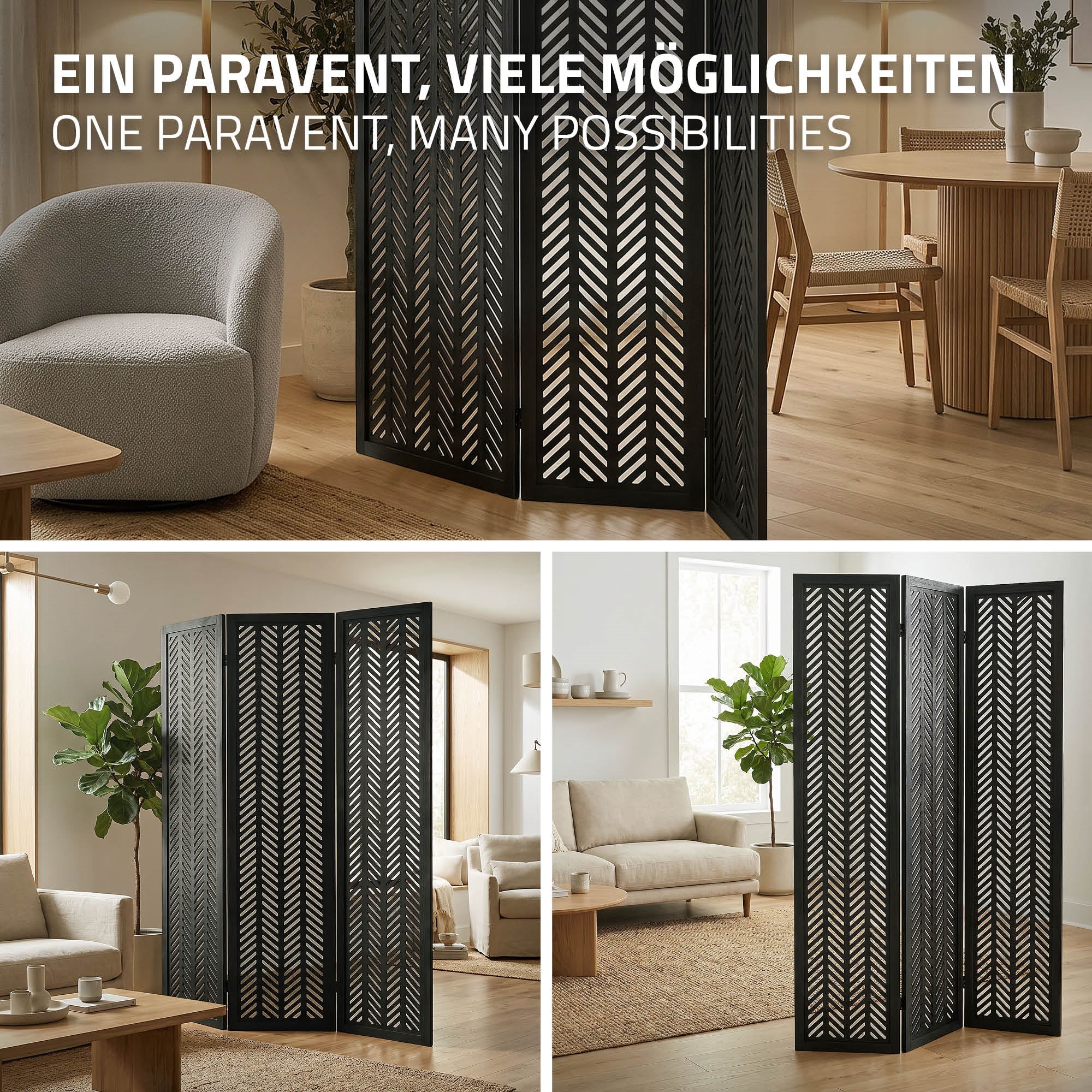 ML-Design Kobe paravent bois noir 3 volets 170x121 cm