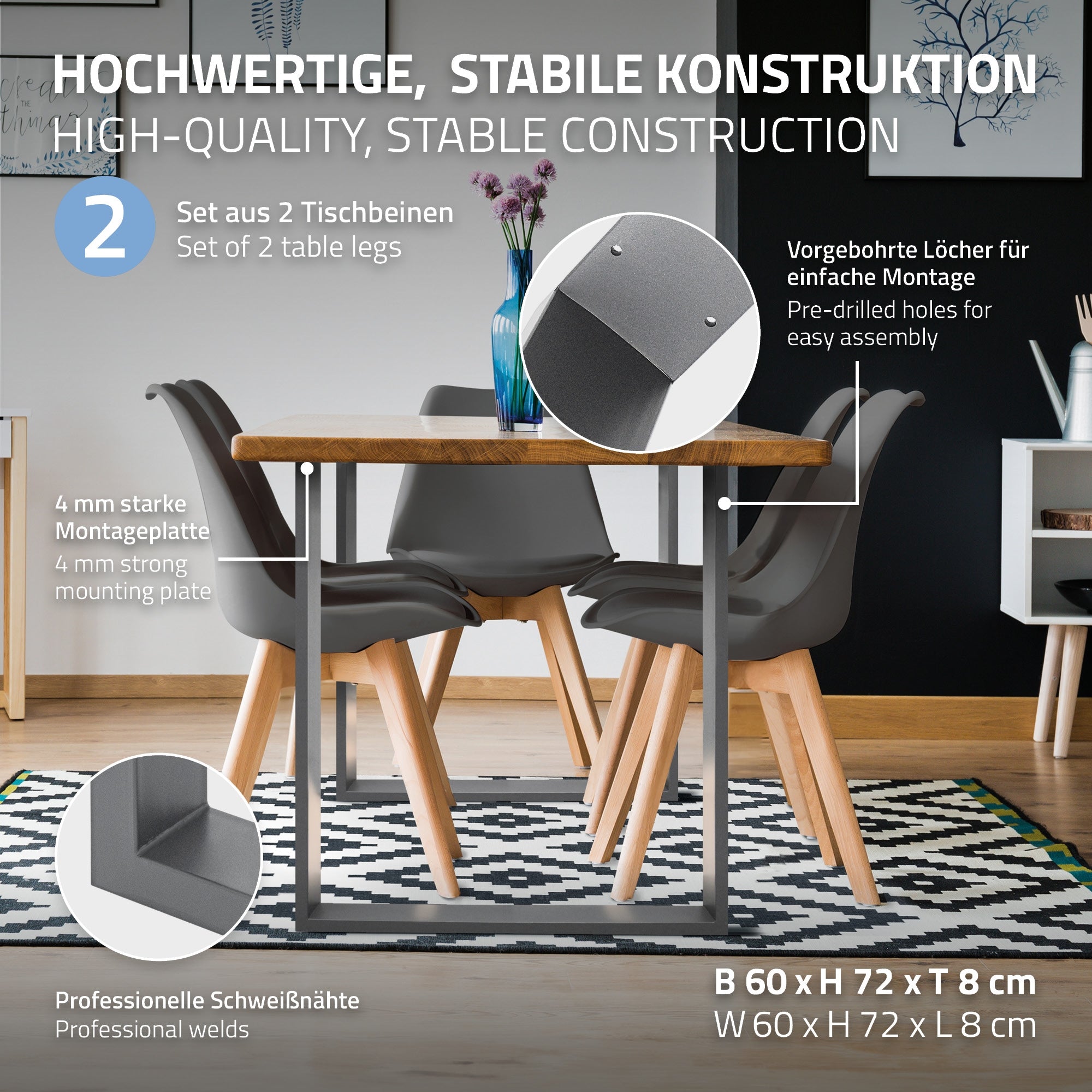 ECD Germany pieds de table gris métal 60x72 cm lot de 2