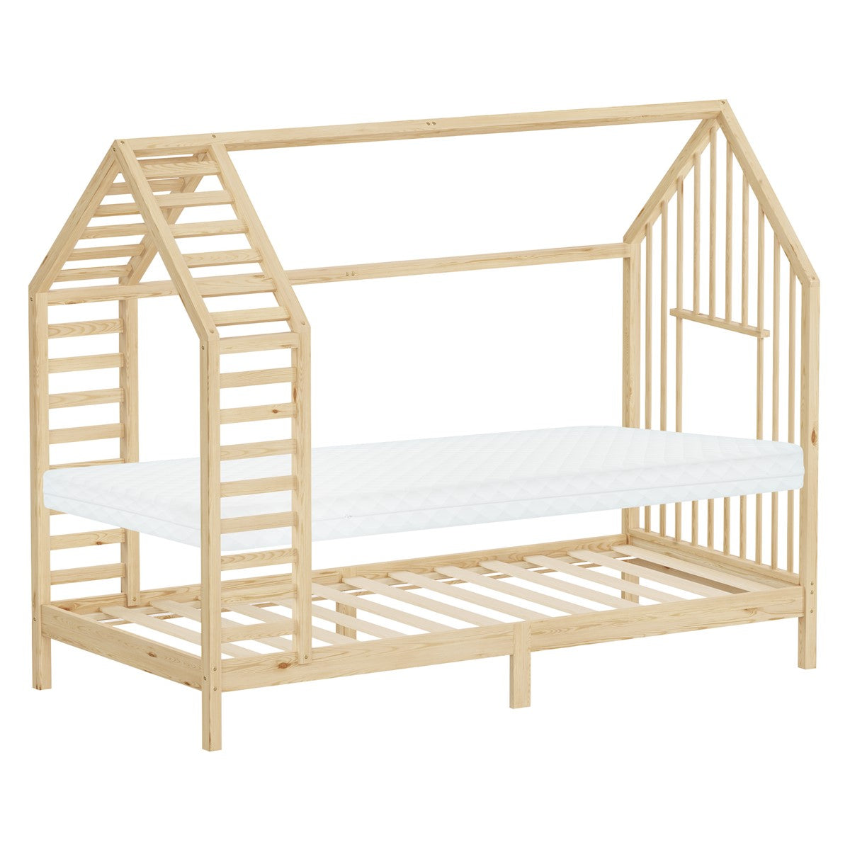 ECD Germany Kinder lit cabane 90x200 naturel matelas 10cm