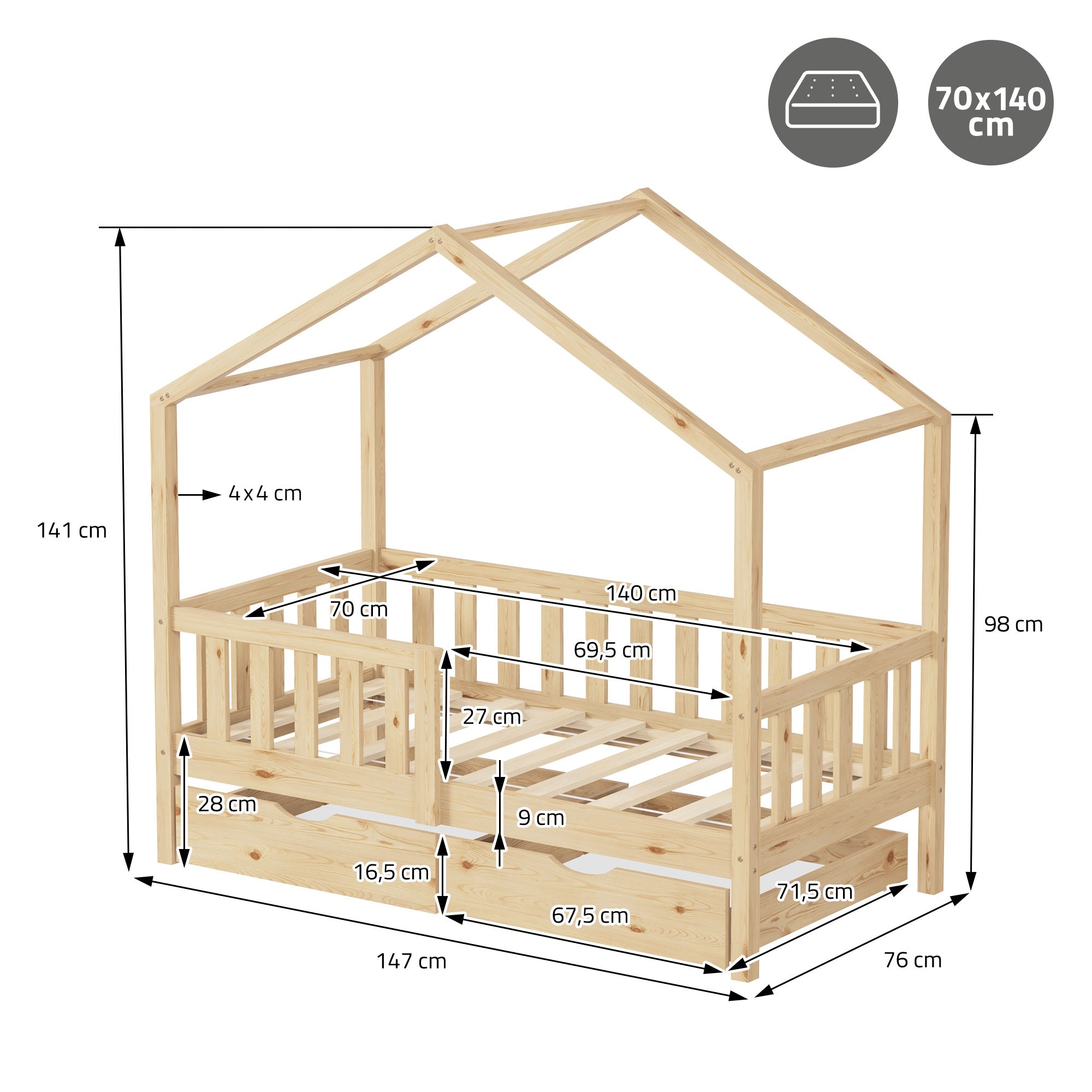ECD Germany ML-Design lit cabane 70x140 naturel 2 tiroirs
