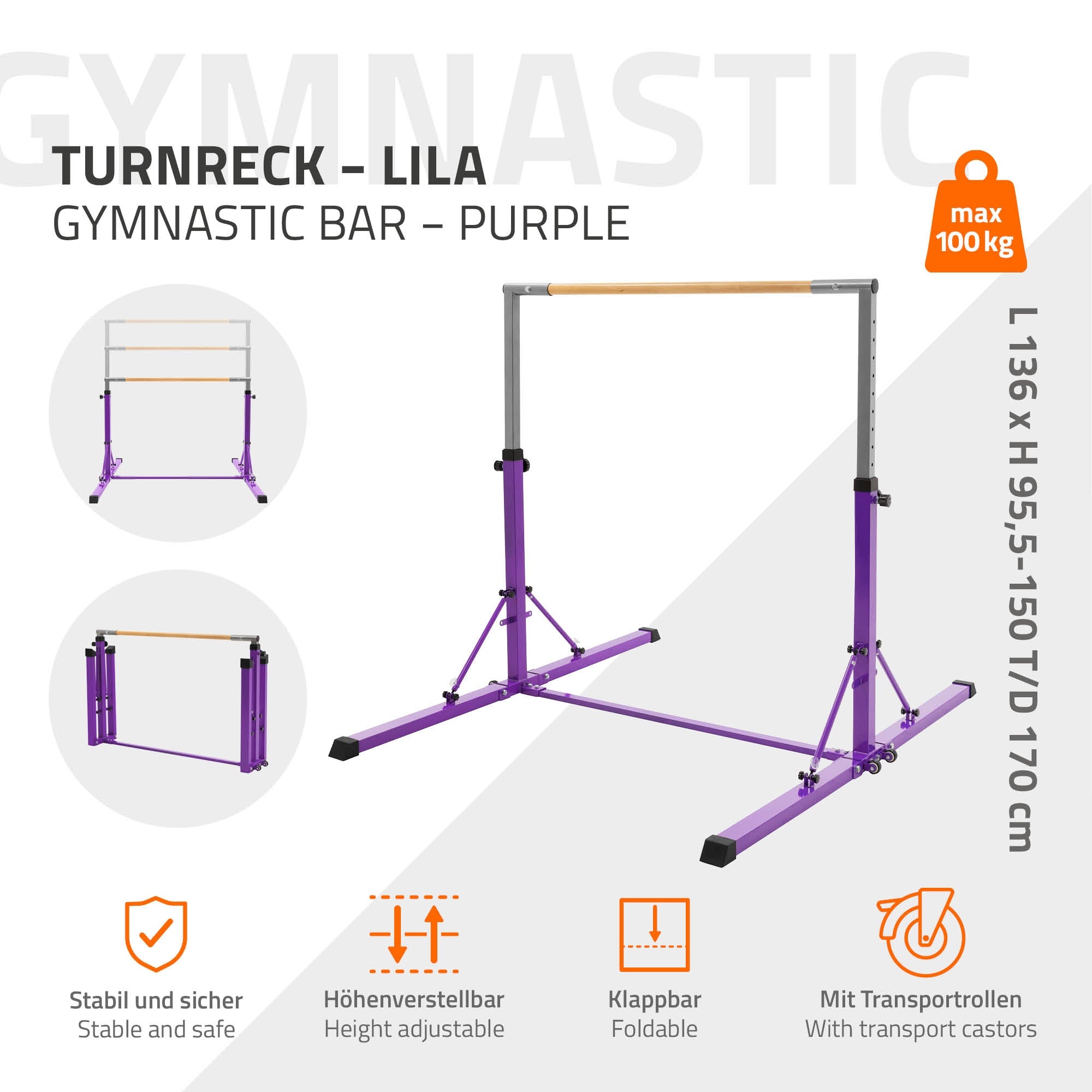 ECD Germany Hauki Barre de Gym Enfant Violet Pliable 150 cm