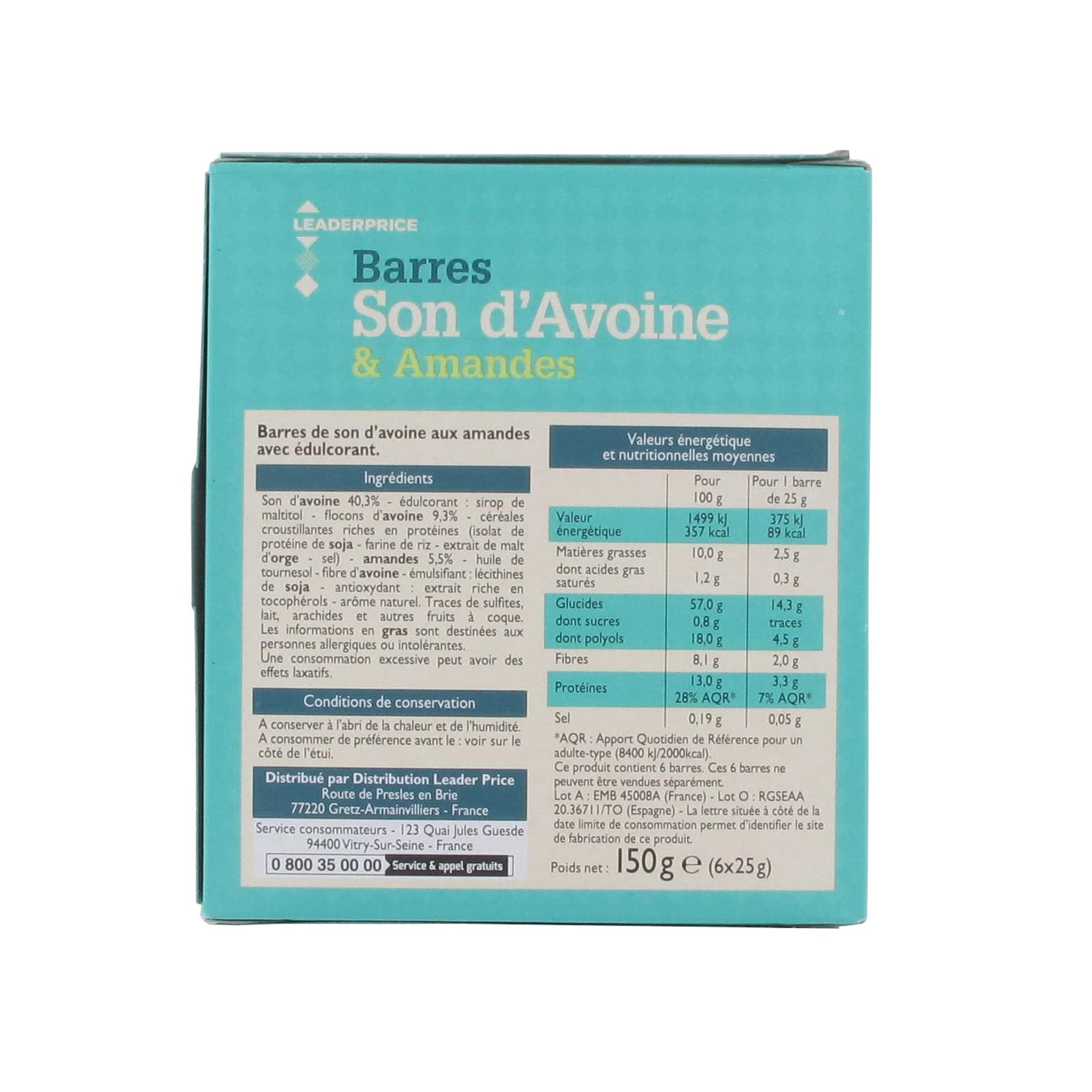 Leader Price Barres céréalières son avoine amandes 180g