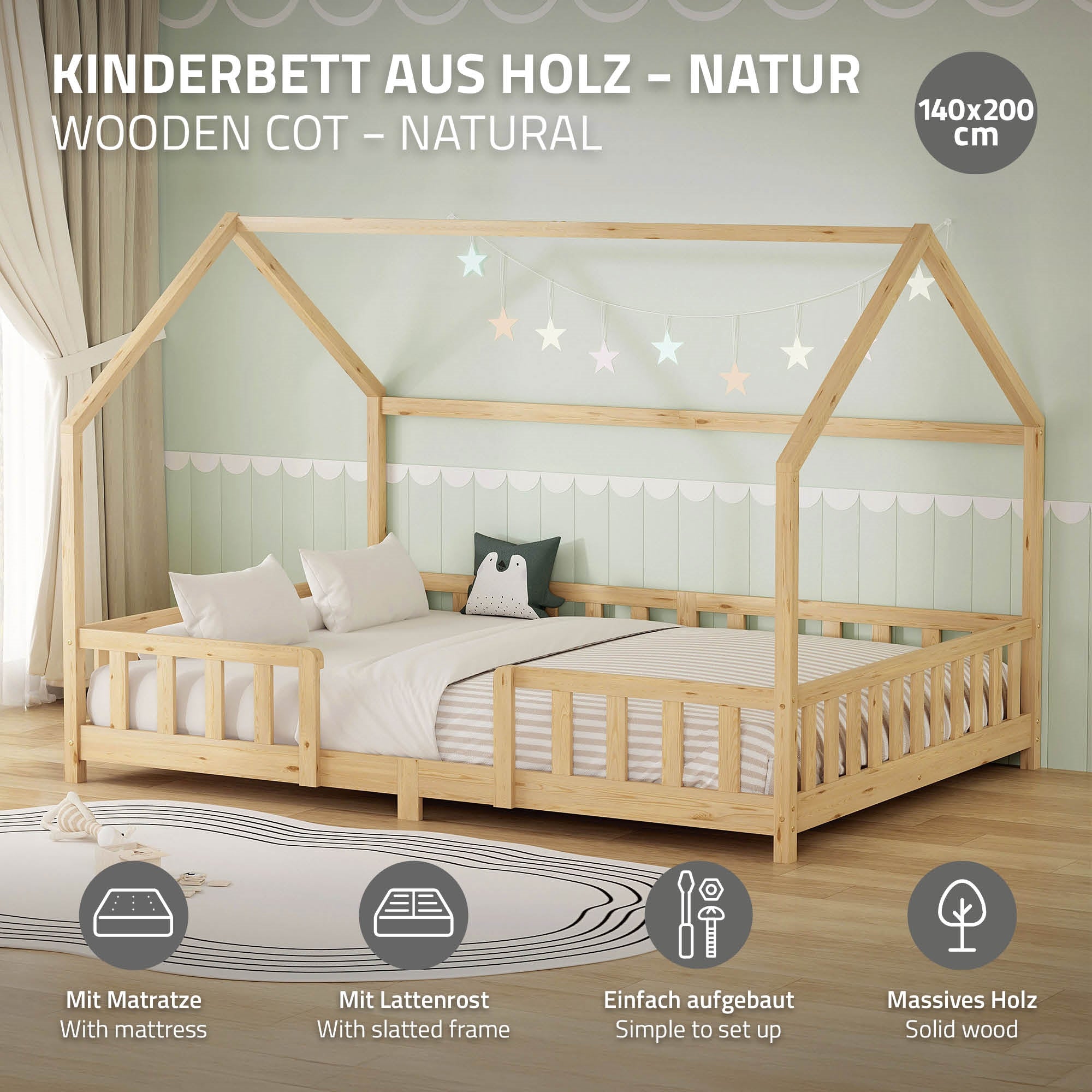 ECD Germany Kinder lit cabane 140x200 pin matelas 16cm