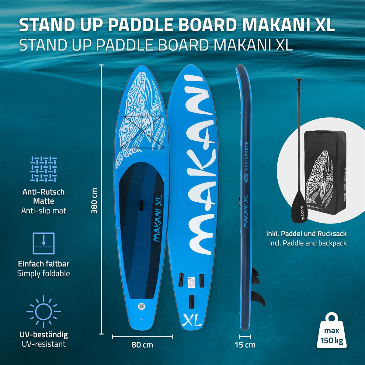 ECD Germany Makani XL 380 paddle gonflable bleu pompe incluse