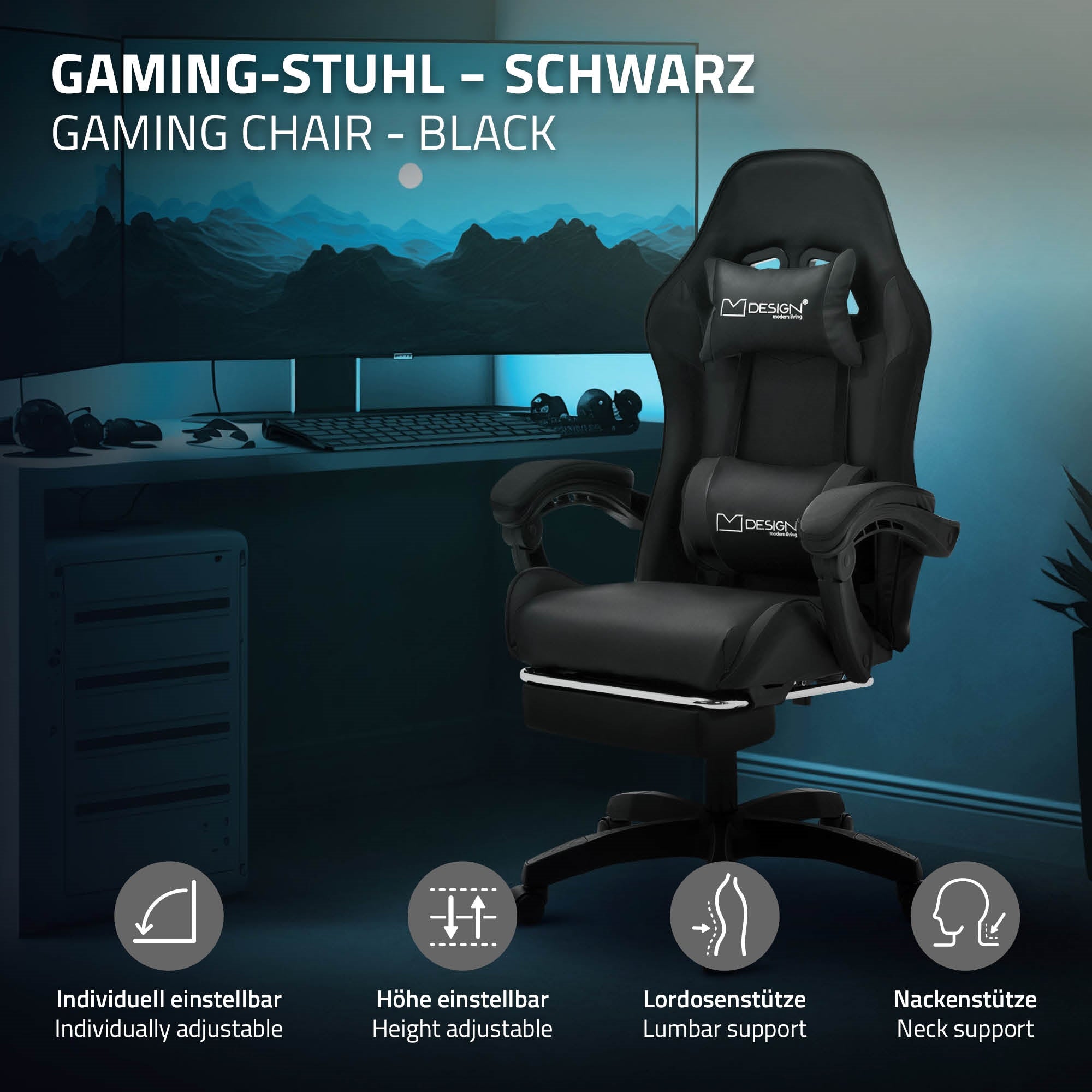 ECD Germany Möbel Chaise Gaming Simili Noir Repose-Pied