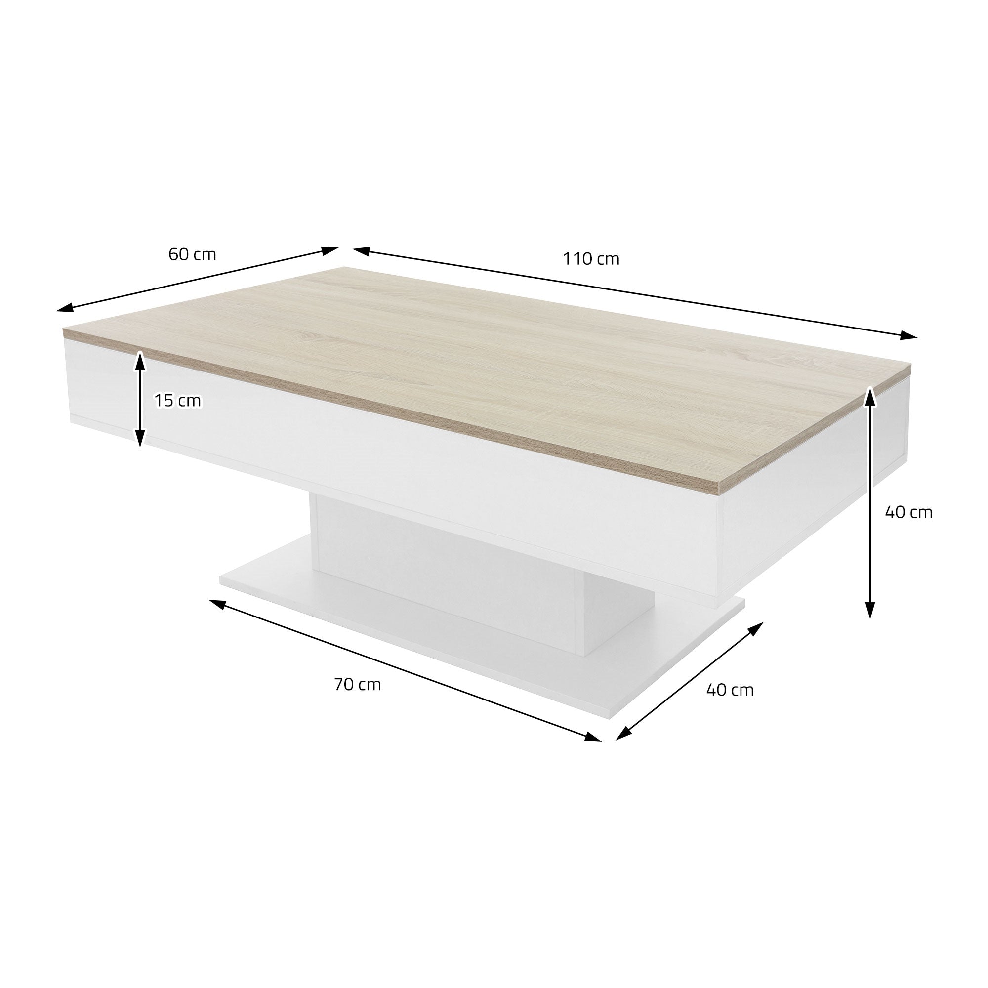 ECD Germany Möbel table basse 110x60x40 blanc/chêne 2 casiers