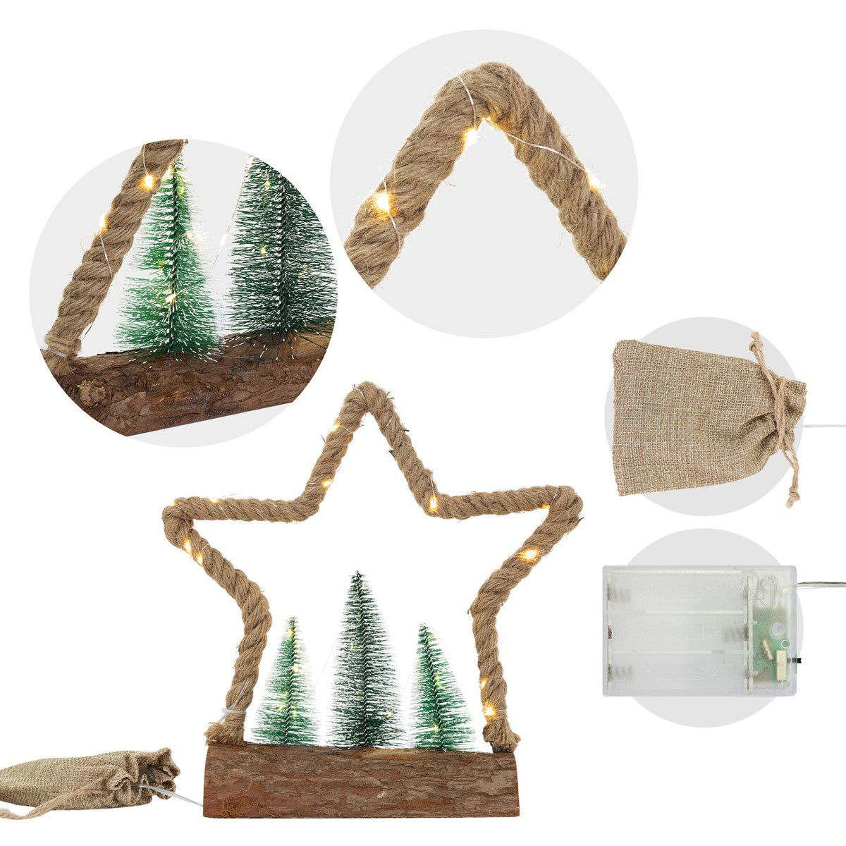 ECD Germany Haus & Wohnen Sapin Jute LED 30 cm blanc chaud