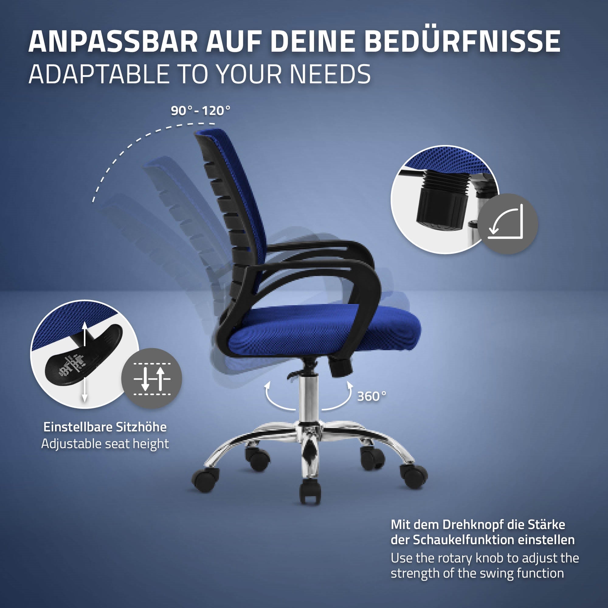 ML-Design chaise bureau ergonomique filet bleu à roulettes accoudoirs
