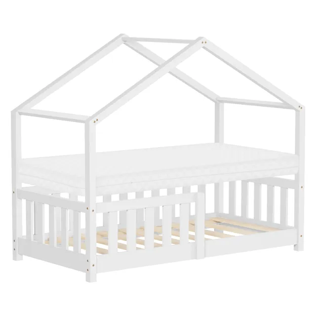 ECD Germany Kinder Lit cabane 70x140 blanc pin matelas 10 cm inclus