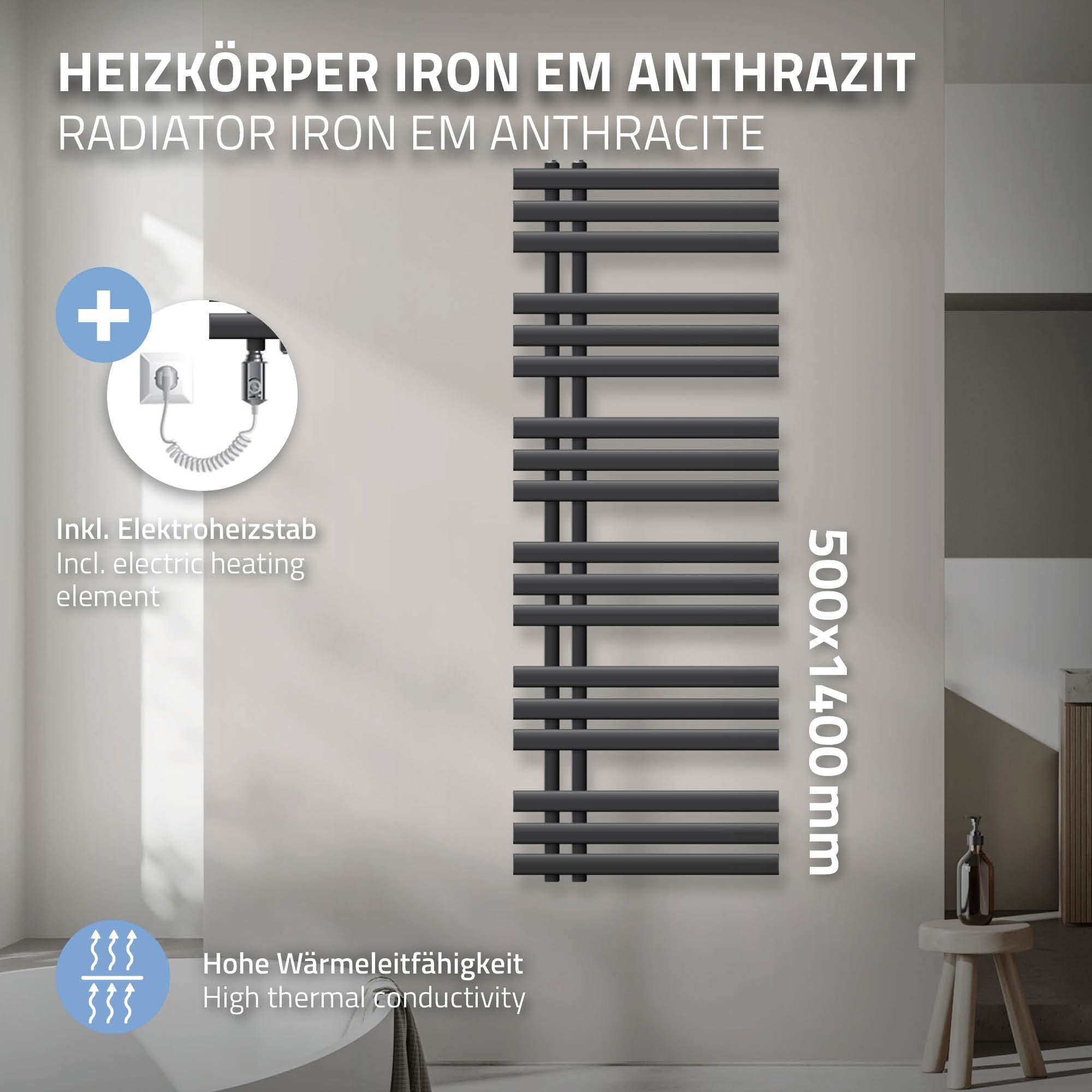 ECD Germany Heizungen Radiateur Iron EM Anthracite 900W 500x1400