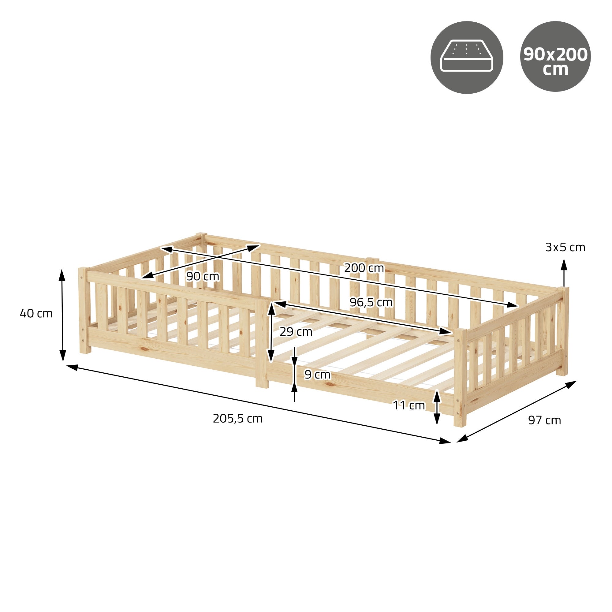ECD Germany Kinder lit enfant 90x200 pin nature sans matelas