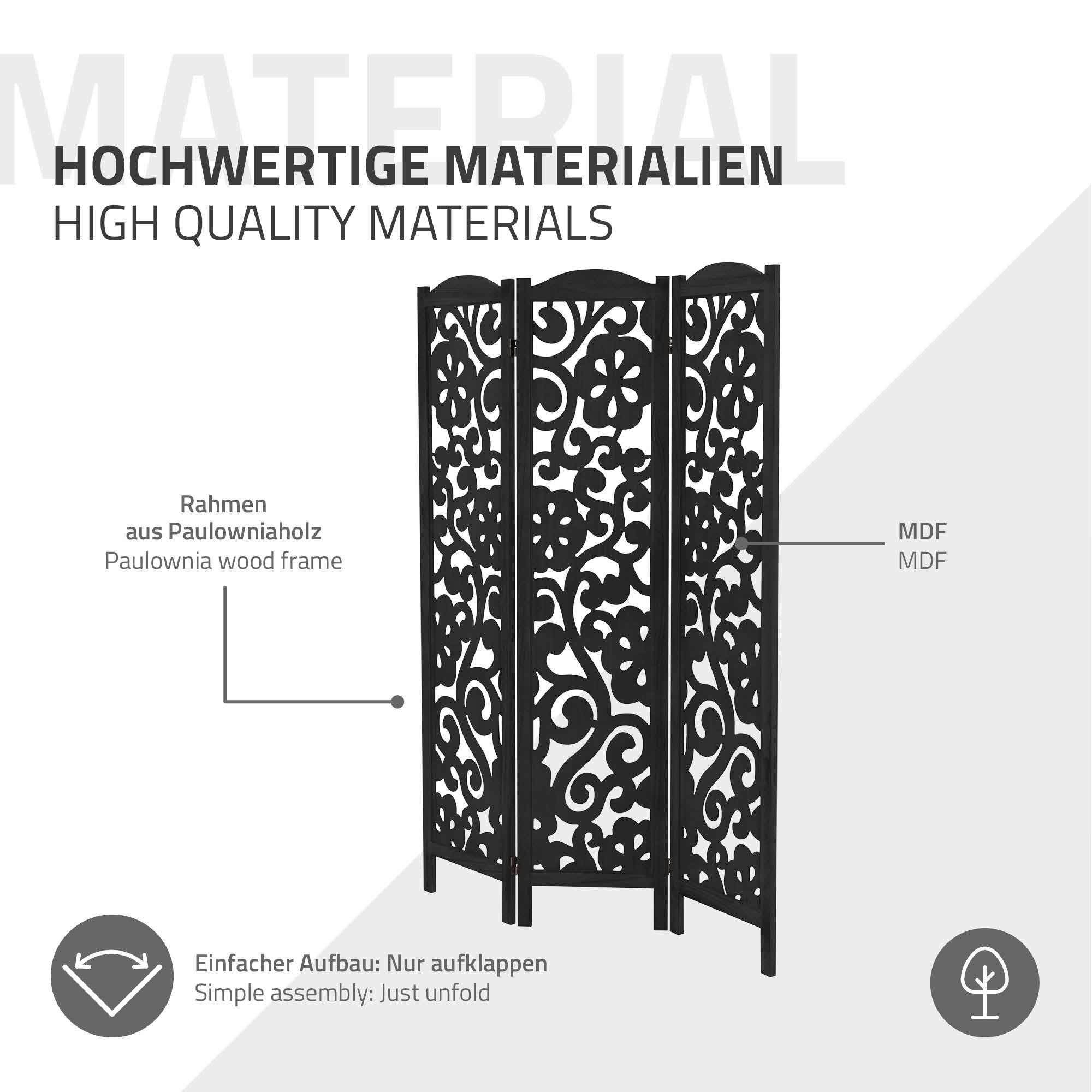 ECD Germany Möbel paravent Yokohama 3 panneaux noir 172x121 cm