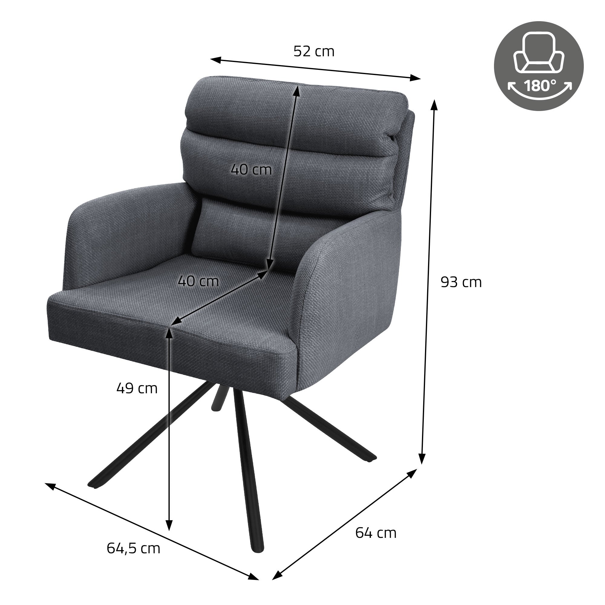 ECD Germany Chaise salle à manger pivotante anthracite 120kg