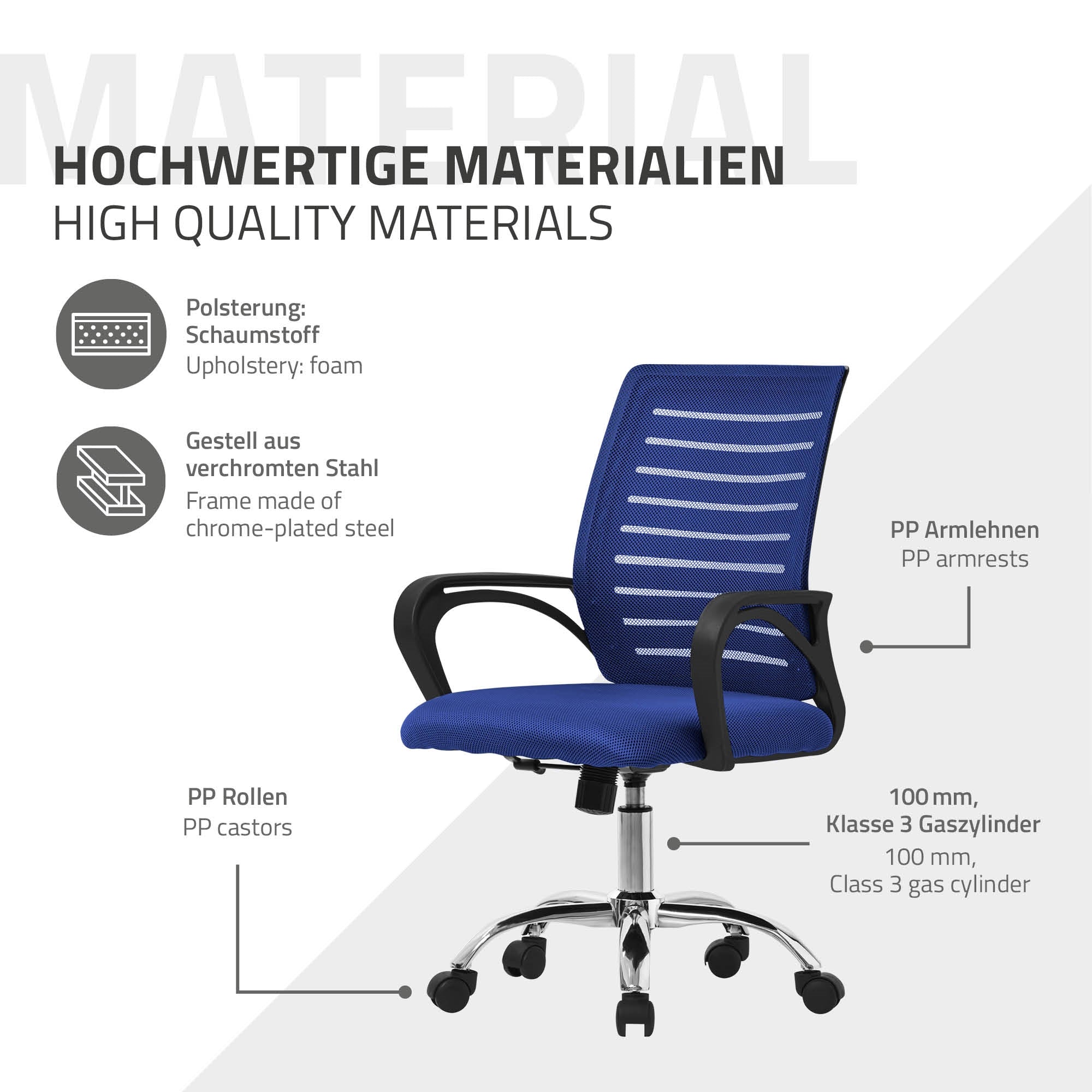 ML-Design chaise bureau ergonomique filet bleu à roulettes accoudoirs