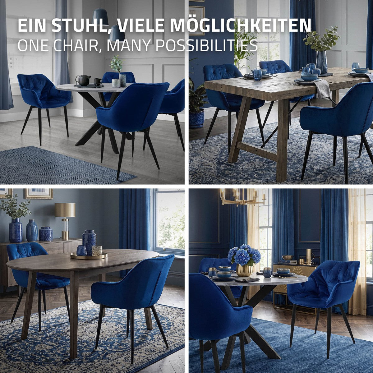 ECD Germany ML-Design lot 6 chaises velours bleu nuit