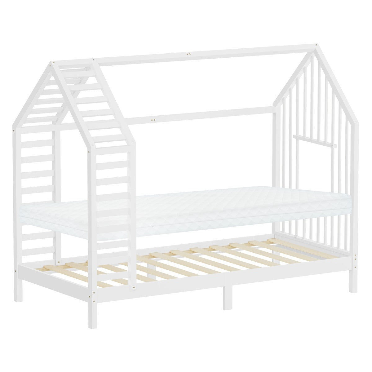 ECD Germany Kinder lit cabane 90x200 cm blanc avec matelas