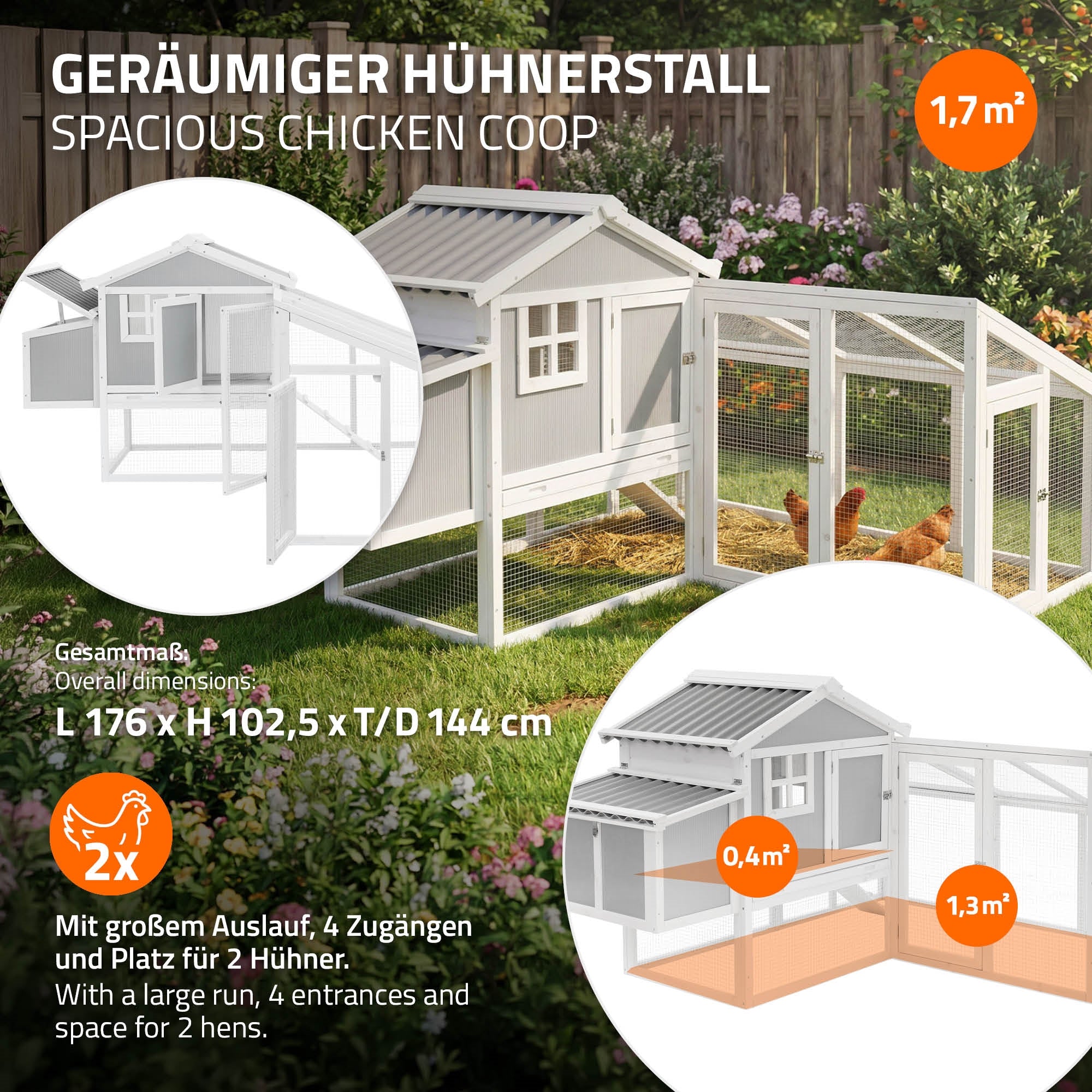 ECD Germany Garten poulailler bois XXL 144x176cm enclos